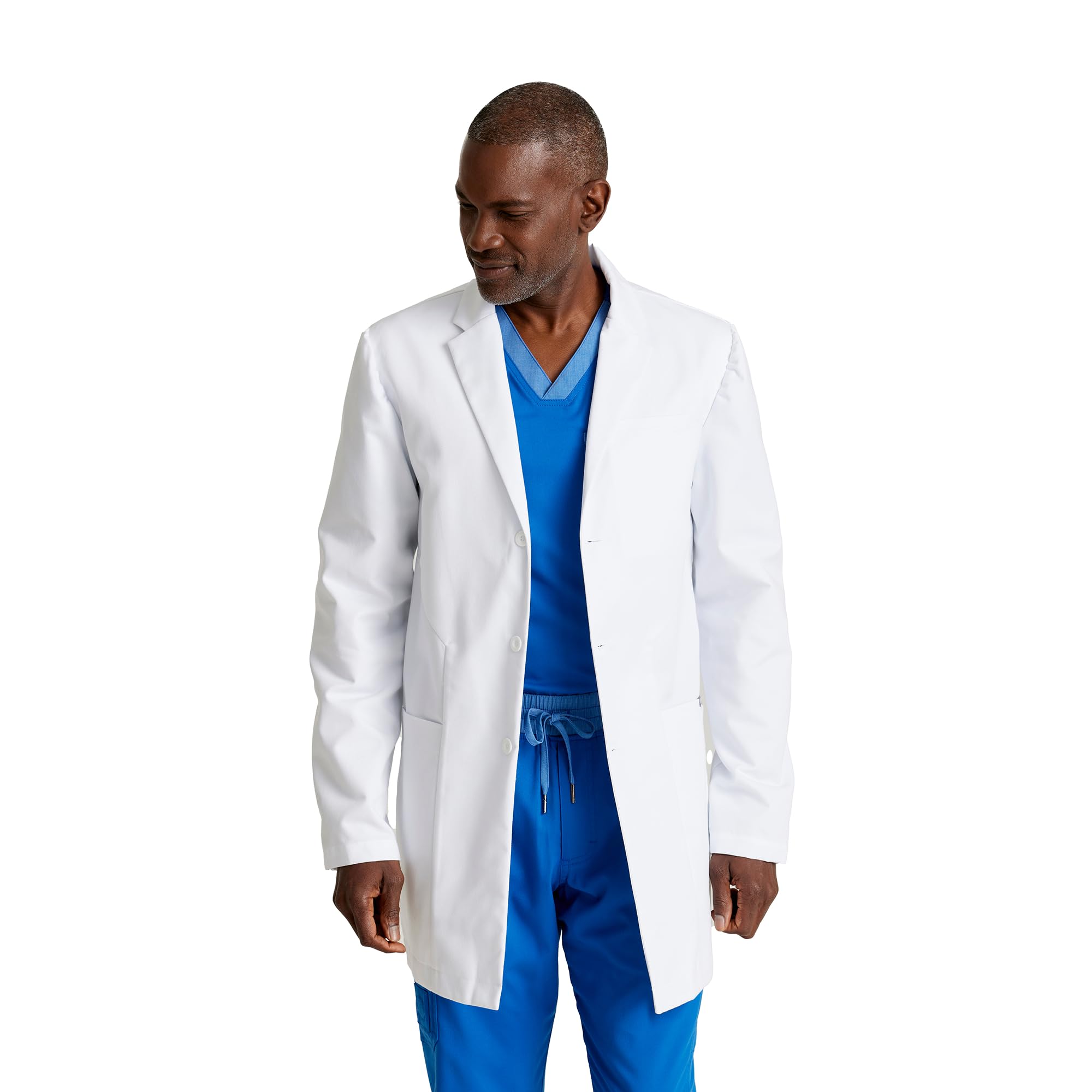 BARCO Grey's Anatomy Scrubs - Derek - Bata de laboratorio profesional de manga larga de 3 botones de longitud completa de 35 a 39 pulgadas, Blanco, 38 Regular