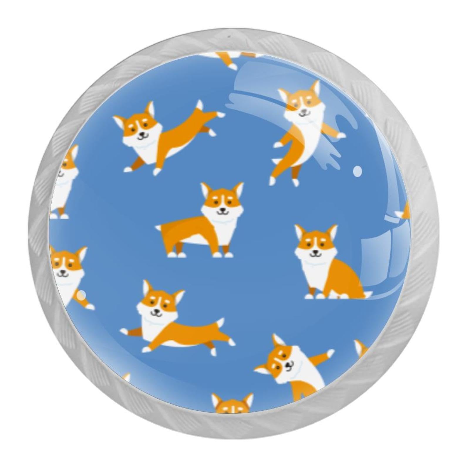 Tqmspg 4 Pieces Drawer Pulls Cute Dog Corgi Pattern Door Knobs Dresser Handles for Kitchen Wardrobe Cupboard Hardware Furniture