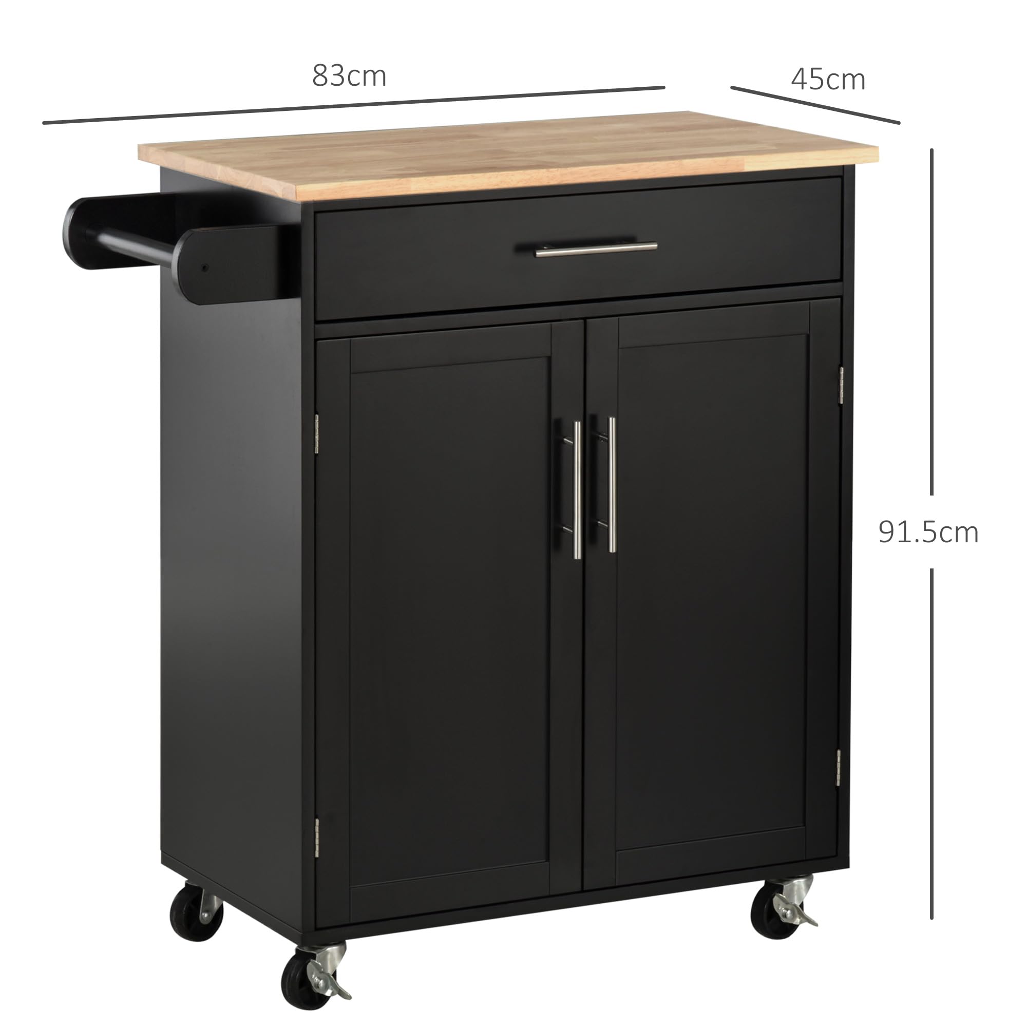HOMCOM Carrello da Cucina con Cassetto e Armadietto 2 Ante, Isola Cucina con Ruote e Barra Laterale per Asciugamani, 83x45x91.5cm, Nero
