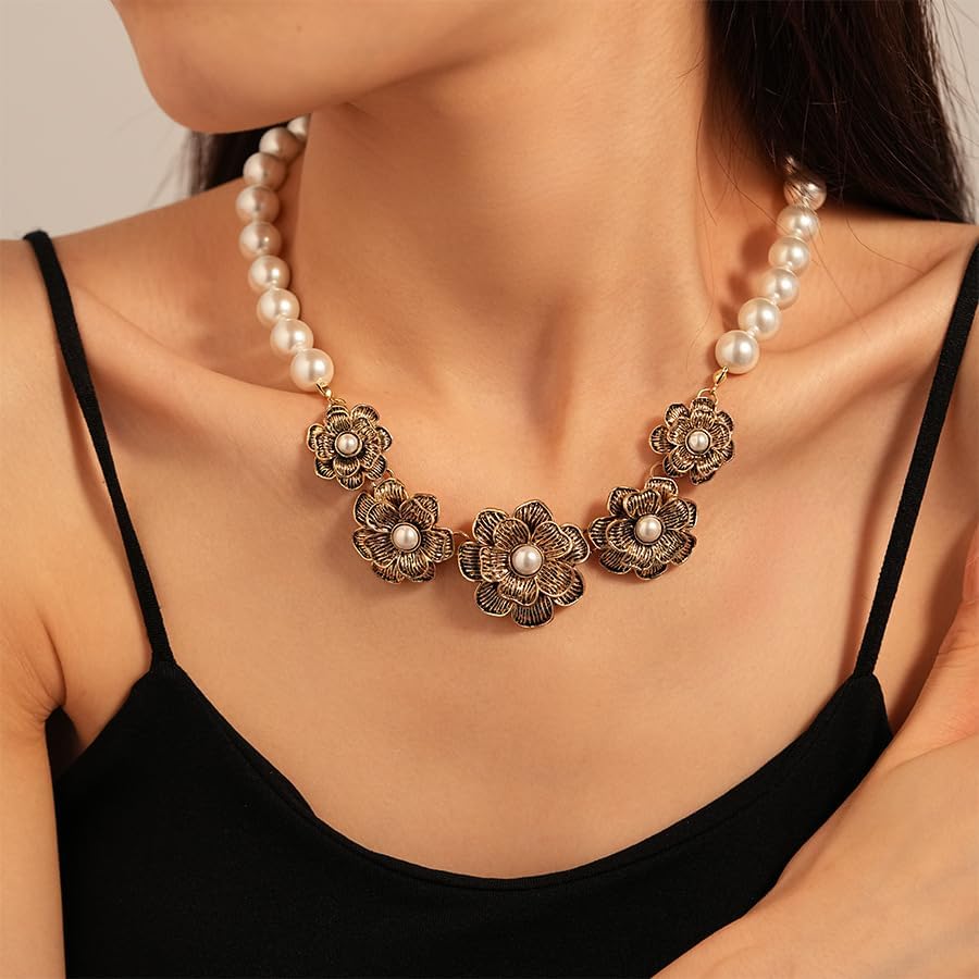 Faux Pearls Necklace Earrings Set, White Pearls Necklace for Women, Flower Earrings, Wedding Jewelry Sets for Women, Costume Jewelry for Brides - Image 6