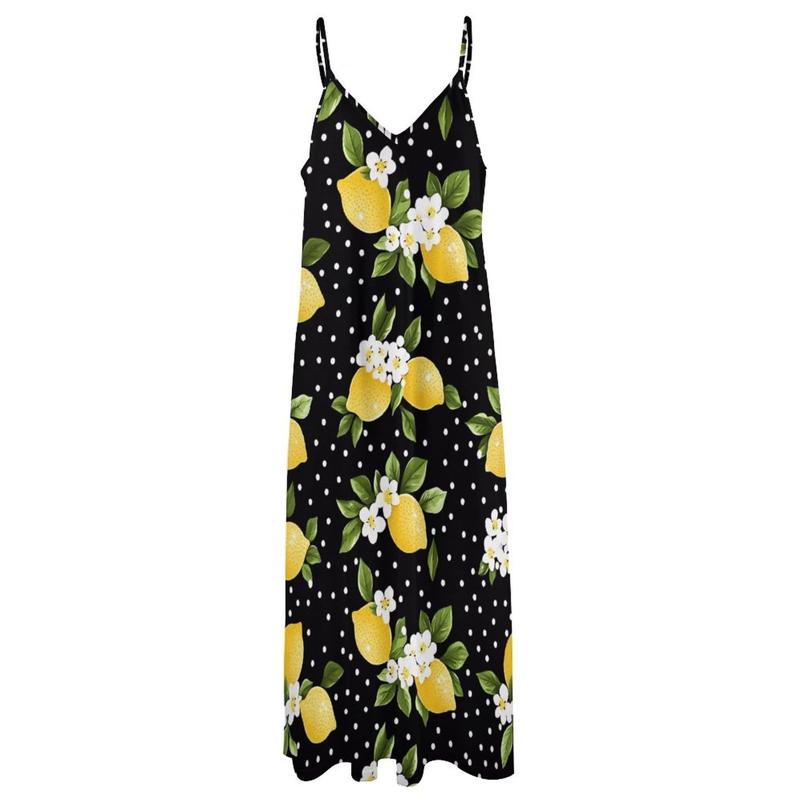 Vestido casual de verano con estampado de lunares y flores de limón para mujer, vestido largo de espagueti ajustable, largo hasta el tobillo con volantes