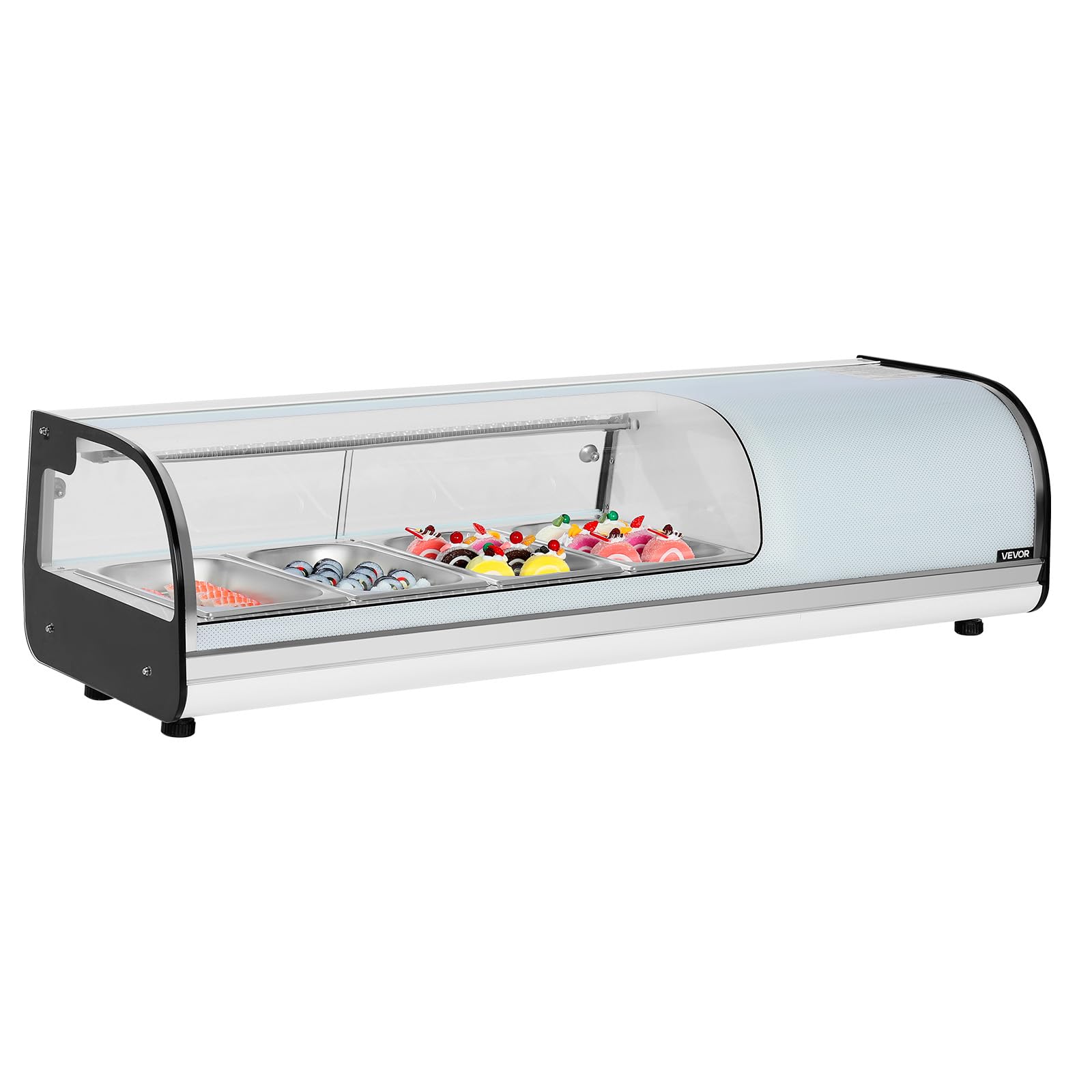 VEVOR Vitrina Refrigerada de 42 L para Sushi, 4 Bandejas, con Vidrio Curvo, Iluminación LED y Control Digital de Temperatura, Ideal para Mostradores, Restaurantes y Tiendas, 1160 x 425 x 290 mm