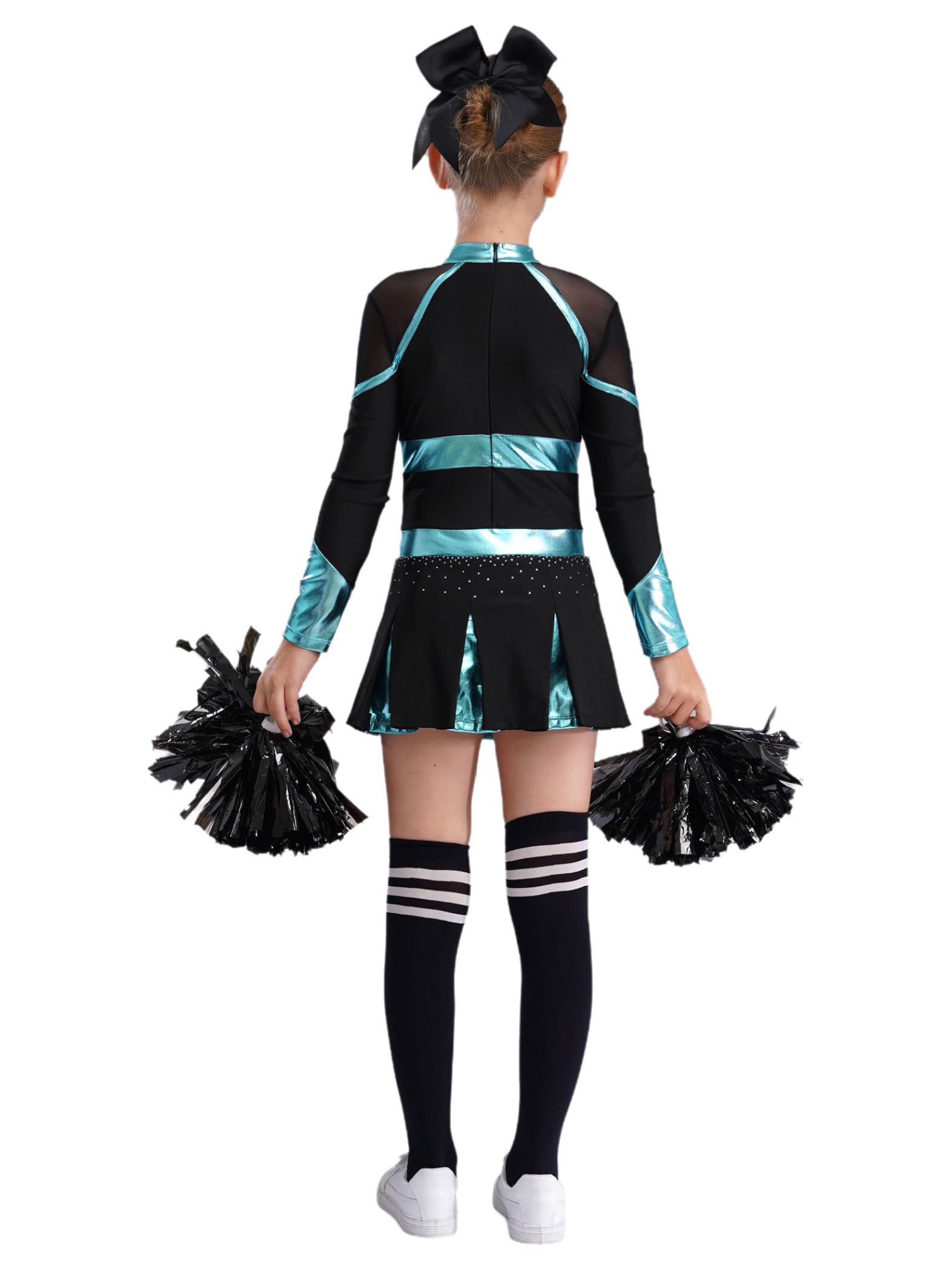 Mädchen Kostüm Cheer Leader Kinder Kleid Glitzer mit Pompons Tanzkleid Cheerleading Outfit Set Karneval Halloween Faschingskostüme