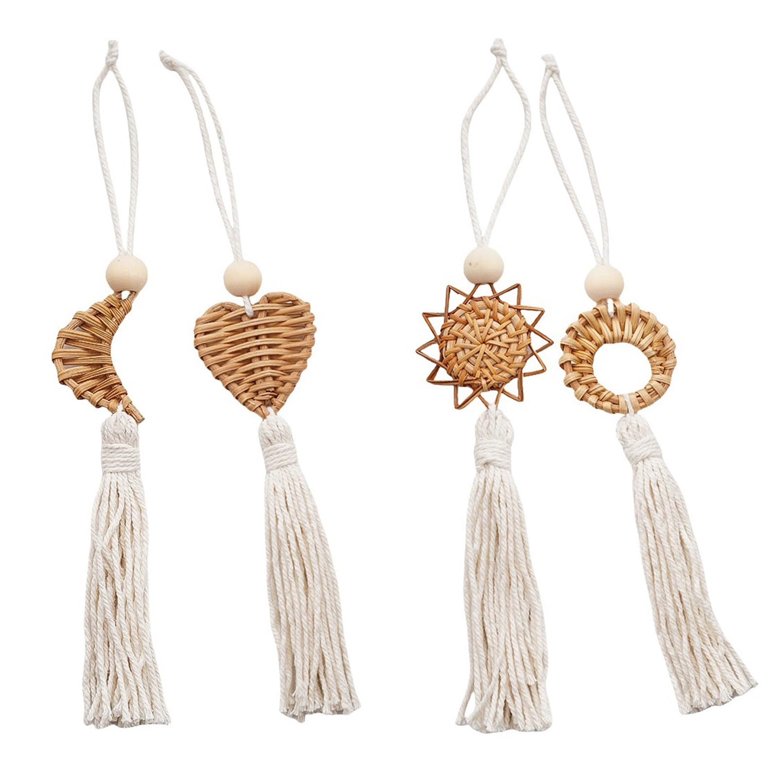 Uqezagpa 4Pcs Handwoven Wall Decor with Fringed Tassels for Living Room Bedroom Accents Rattan Cotton Rope Wall Art Craft