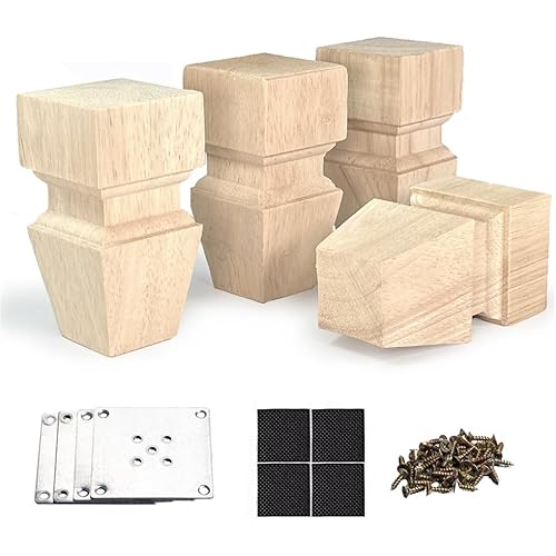 4.72 Inch Wooden Furniture Legs with Mounting Plates Screws Set of 4 Solid Wood Unfinished Replacement Furniture Feet for Couch Cabinet Sofa Dresser Ottoman TV Stand Bed Home DIY Projects