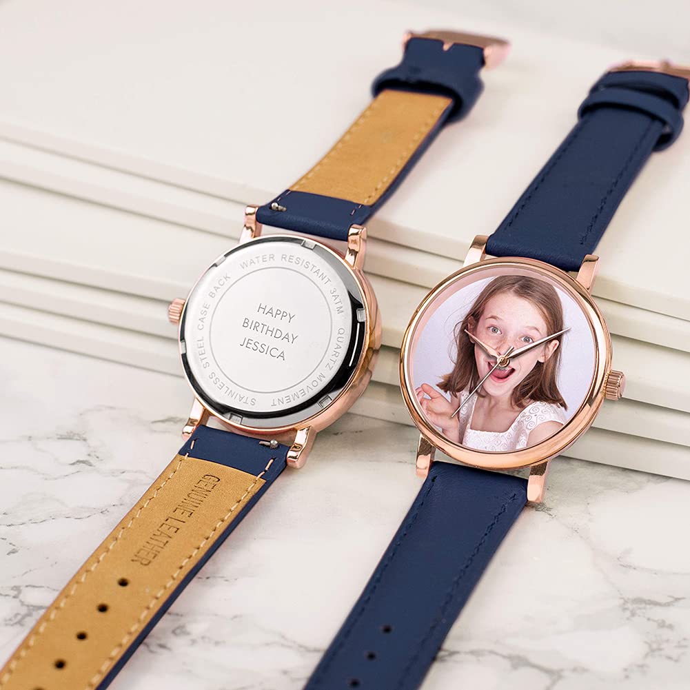 Regalos fotográficos Personalizados para Mujer, Pantalla analógica, Reloj con Movimiento de Cuarzo japonés con Caja de Oro Rosa, Reloj Grabado a Medida