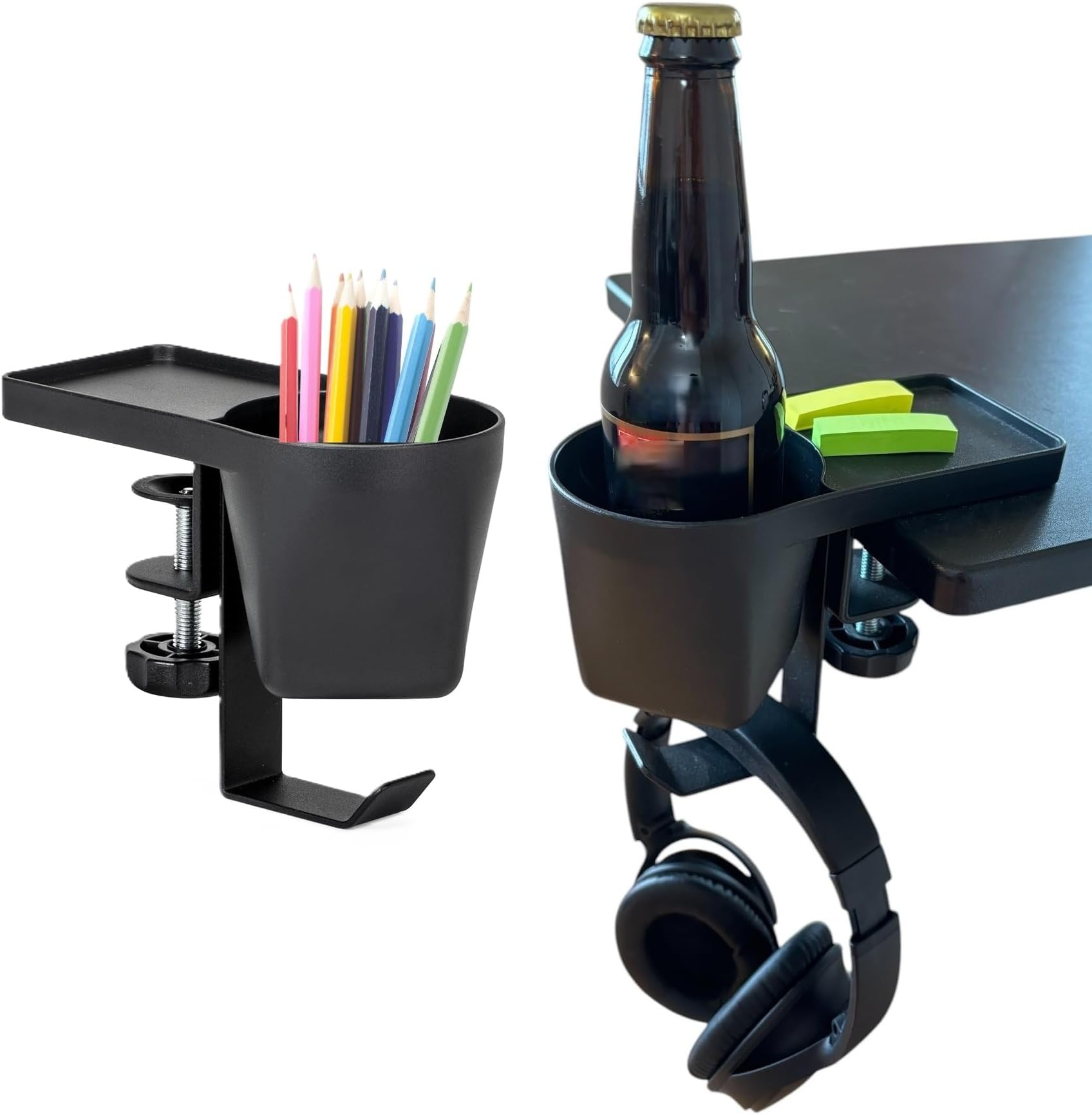 MAX SMART Clamp On Desk Cup Holder with Tray – Under Desk Drink Holder, No Drill Desk Edge Organizer for Coffee, Water Bottle, Phone & Accessories, Fits Desk Up to 1.5" Thick