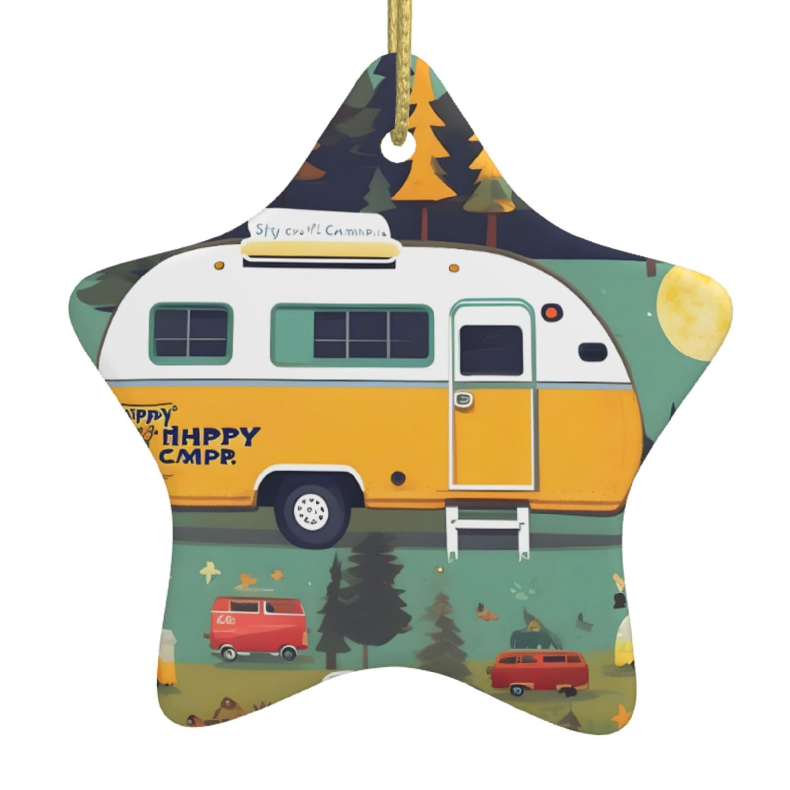 Nbtghga White Happy Bus Campers Print Christmas Ornaments, Ceramic Hanging Ornament, Round Shape Decorations