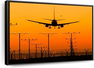 Elephant Stock Airport Landing Silhouette Wall Art - Horizontal Floating Framed Canvas - 1-Piece Living Room Wall Decor - Photography Photographic Canvas Print - Orange and Black Decor for Wall - 13" X 9"