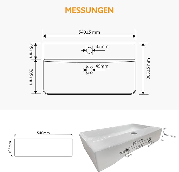 HOGART lavabo baño 54x30 cm con seno a la derecha, lavabo de cerámica blanco rectangular, lavabo suspendido pared o sobre encimera, con orificio para grifo, sin rebosadero, ideal baño moderno - 2