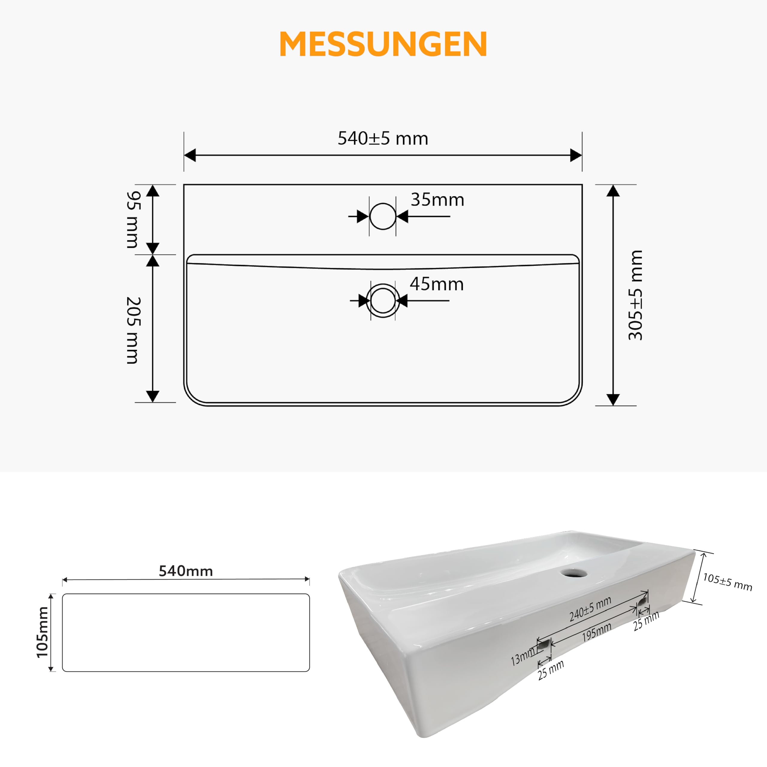 HOGART lavabo baño 54x30 cm con seno a la derecha, lavabo de cerámica blanco rectangular, lavabo suspendido pared o sobre encimera, con orificio para grifo, sin rebosadero, ideal baño moderno — view 2