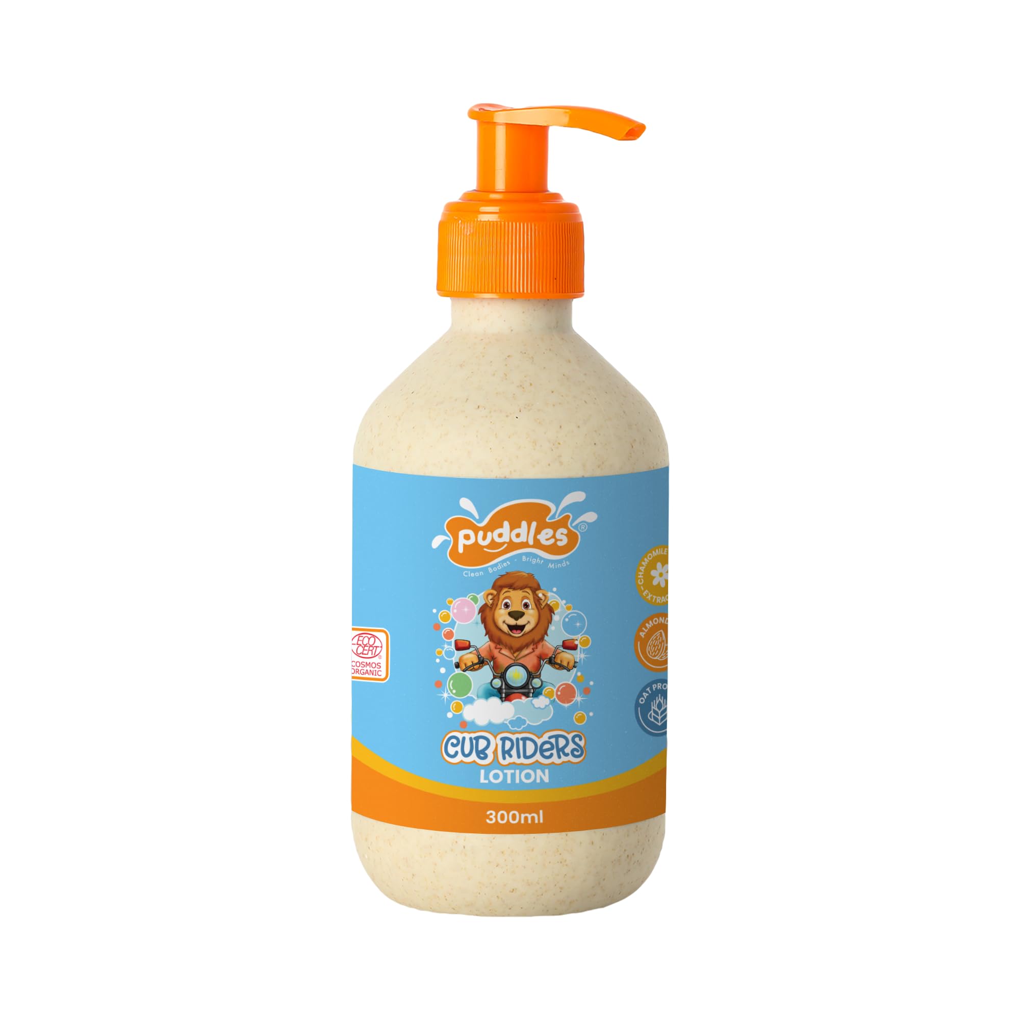 Puddles Organic Soothing Lotion For Kids (300 ml) | Cub Riders - Age 2-12 Years | Cosmos Organic Certified | Almond Oil, Kokum Butter & Natural Fruit Extracts | Happy Skin | Soften Dry Skin