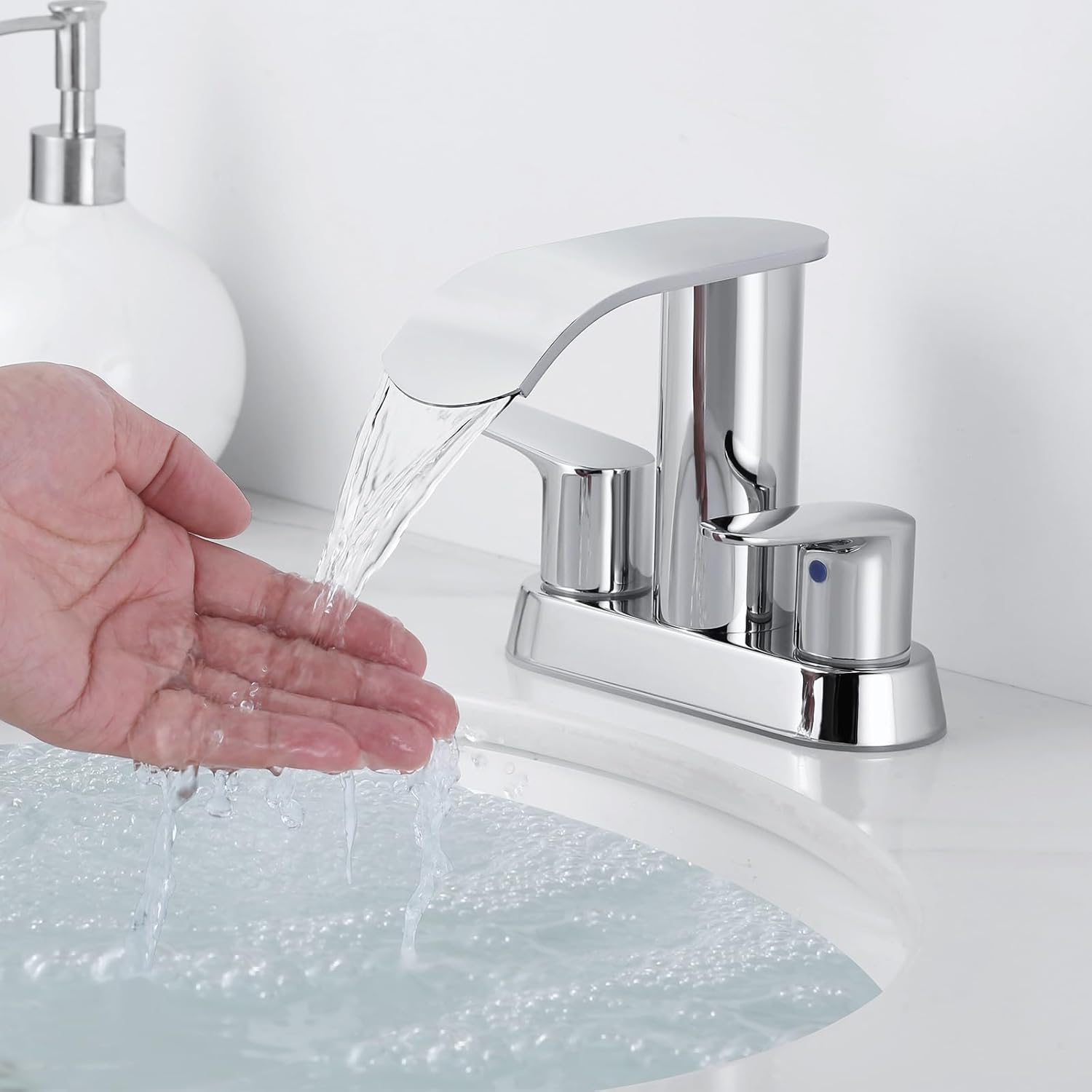 WOWOW Waterfall Bathroom Sink Faucet,Chrome Two Handles Bathroom Faucet with Pop up Sink Drain Stopper, 2 or 3 Holes Bathroom Basin Lavatory Mixer Tap with Deck Mount Plate