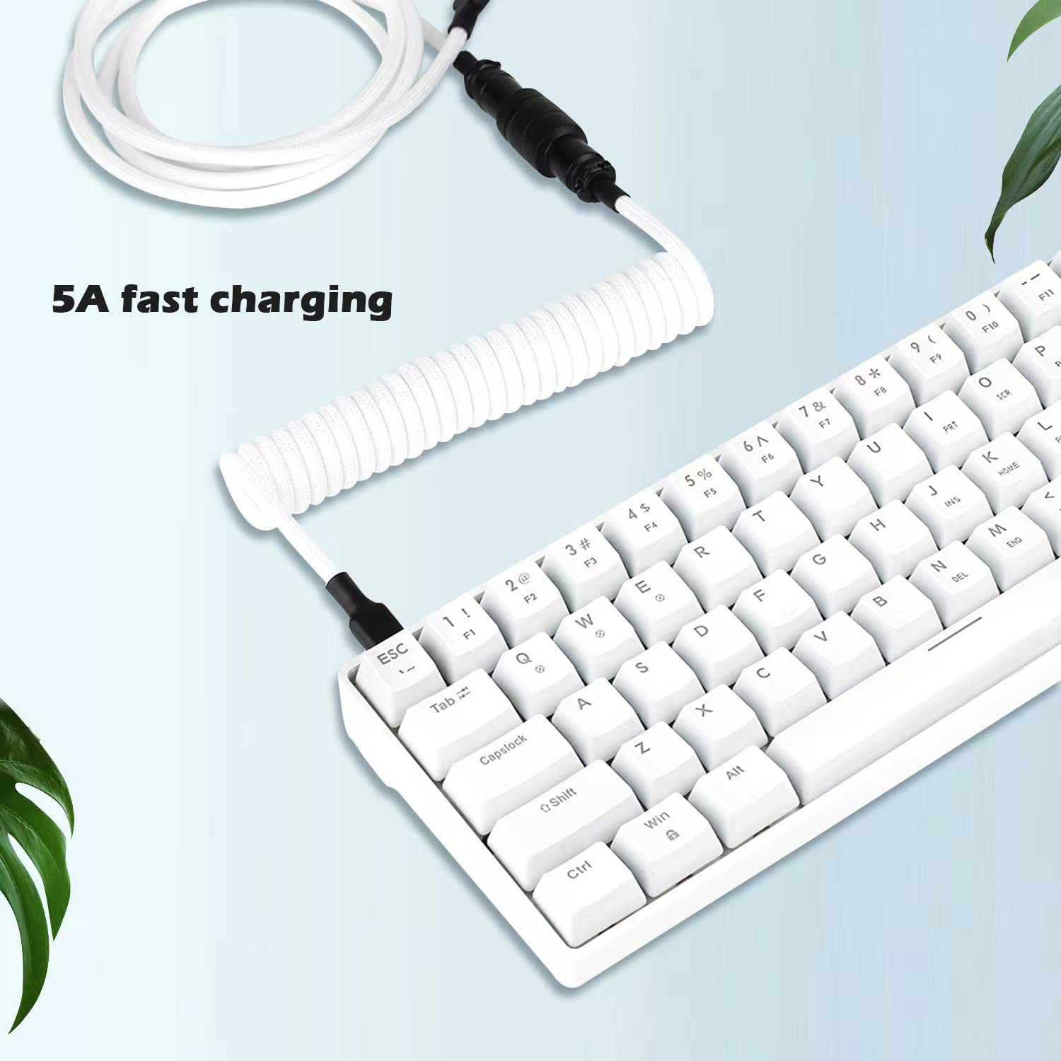 High Sensitive Coiled 6ft Type C USB Cable Painted GX16 Aviator Connector Double-Sleeved Paracord for Mechanical Gaming Keyboard (White Black)