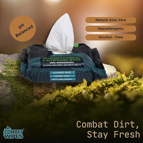 Vista 16 de Combat Wipes ACTIVE - Toallitas húmedas para exteriores, equipo de campamento extra grueso, biodegradable, limpieza corporal y de manos, paños
