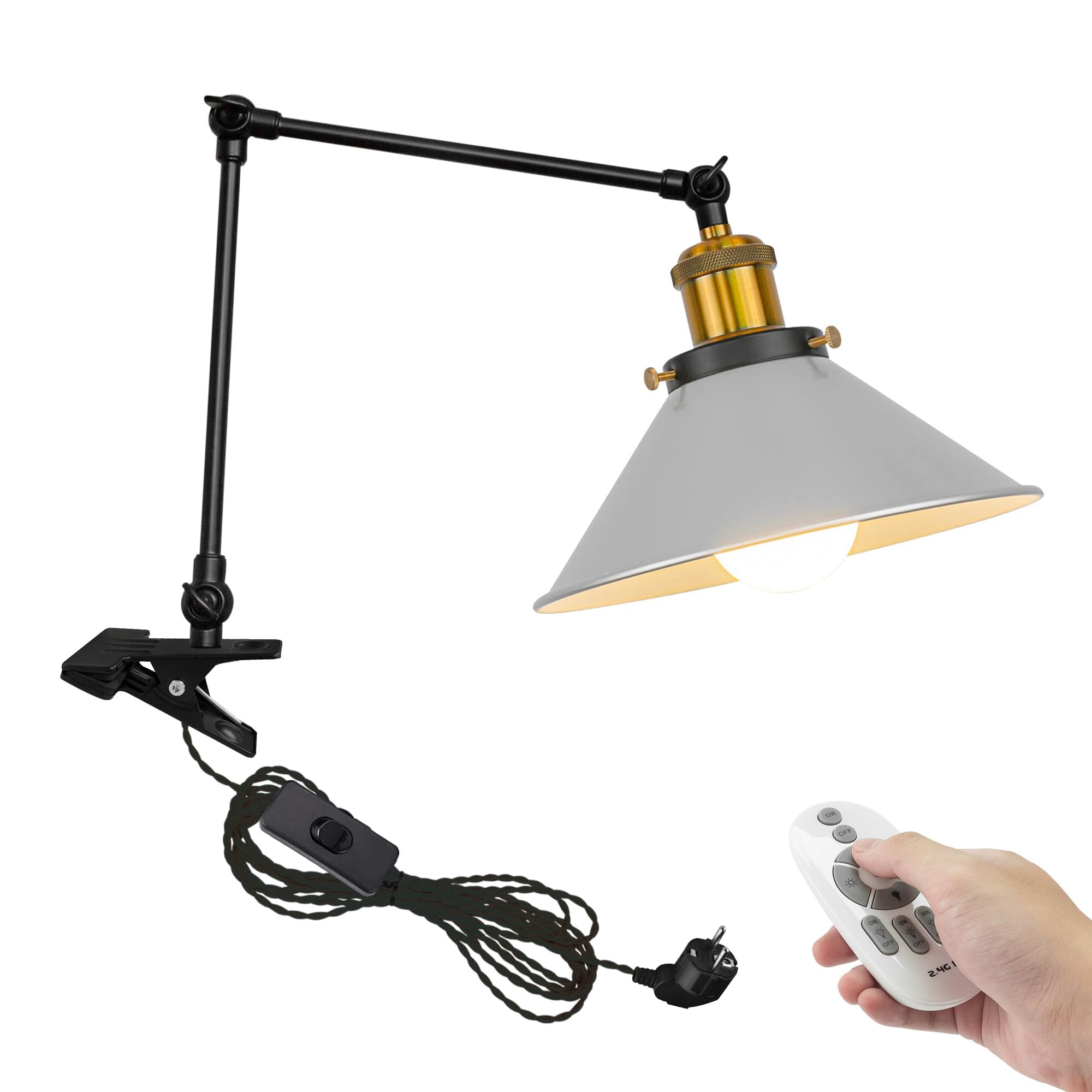 Industrial Klemmleuchte mit Fernsteuerung, Einstellbar Clip auf Schreibtisch Leselampe,Dimmbar Clamp Nachttischlampe mit Flexarm für Schreibtisch Nachttisch Regal-Silbern TD0633