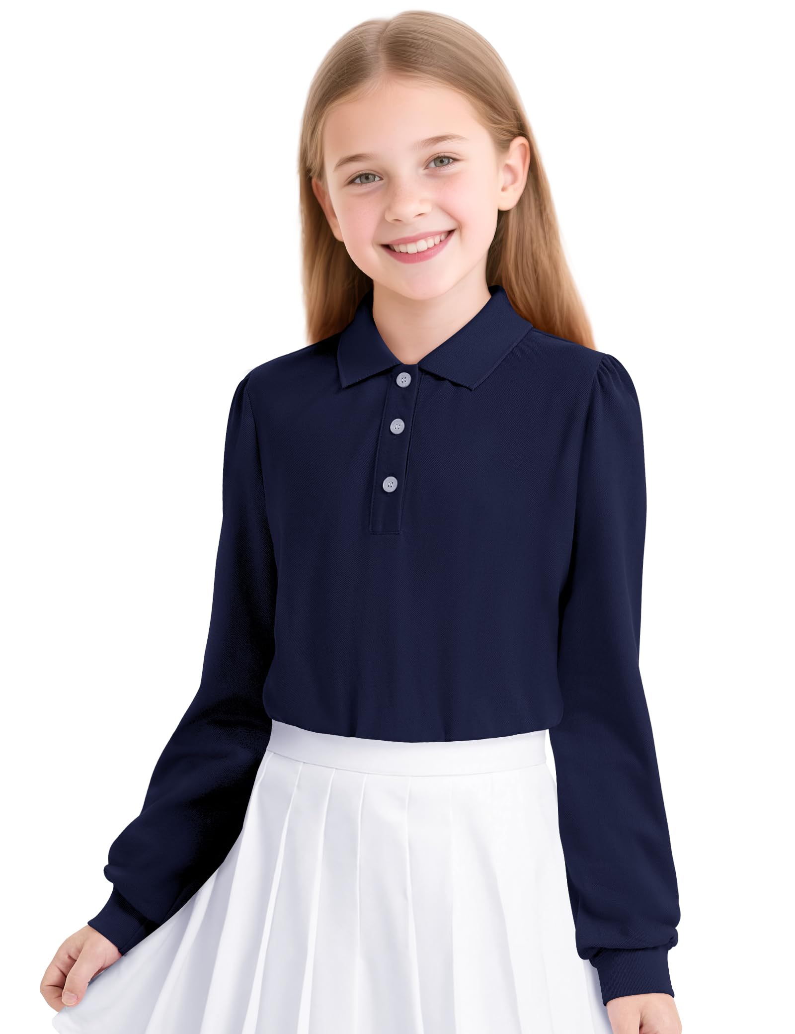 KEREDA Long Sleeve Uniform Shirts for Girls Cotton School Polo Shirts with Button for Kids