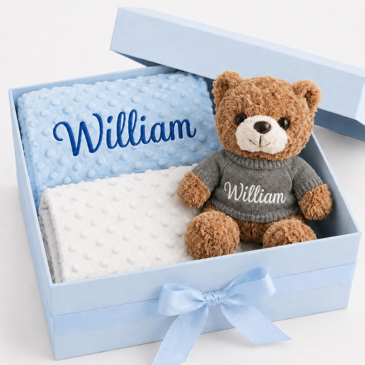 KAINSY Personalized Baby Blanket & Plush Teddy Bear Set, Custom Baby Blanket Embroidered with Name, Double Layer Dotted Backing Swaddle for Toddler, Baby Shower & New Baby Gift Set for Boys