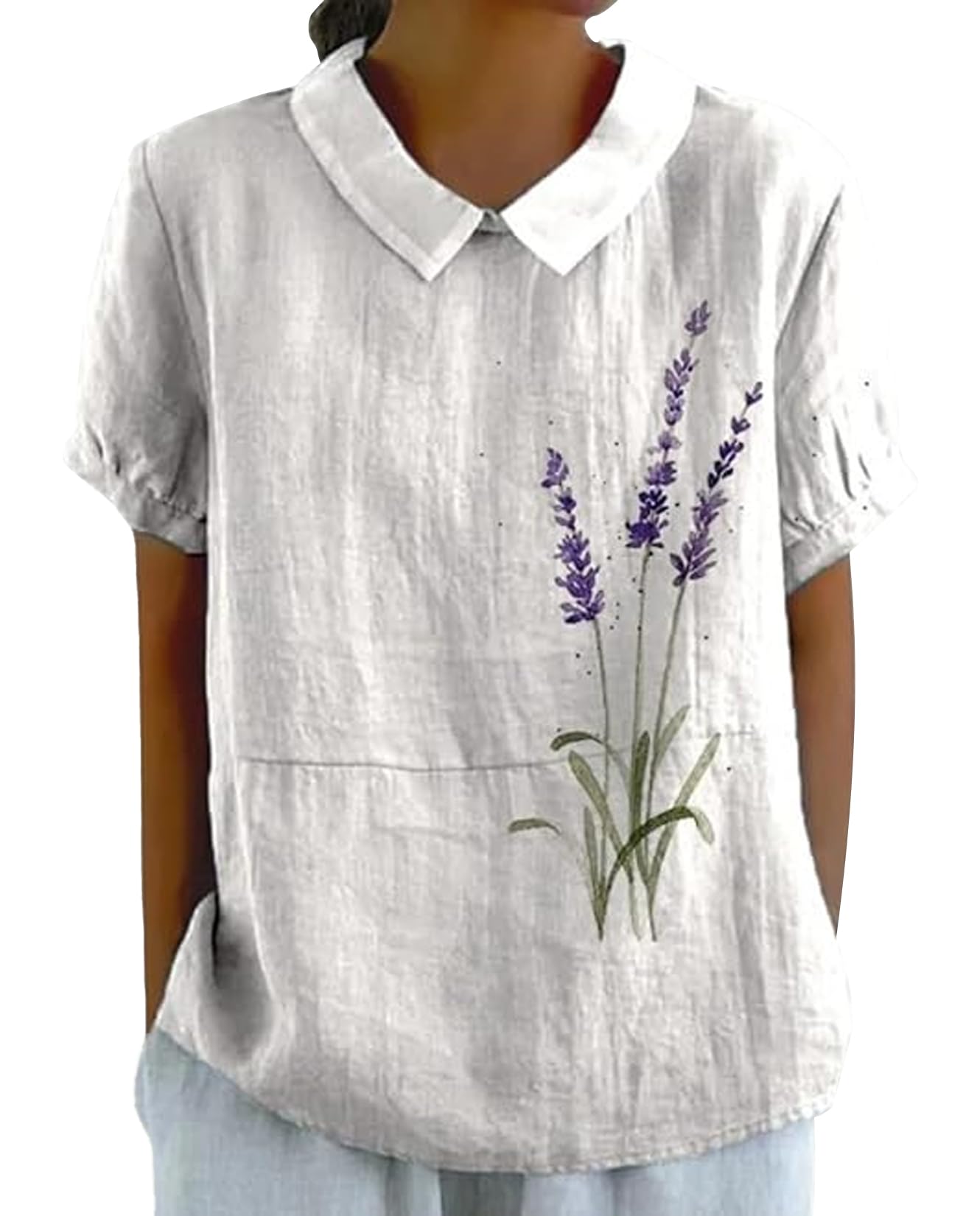 Zhyaj Boho Cotton Shirt for Womens Floral Printed Short Sleeve Summer Linen Shirts Casual Collared Trendy Blouse Tops