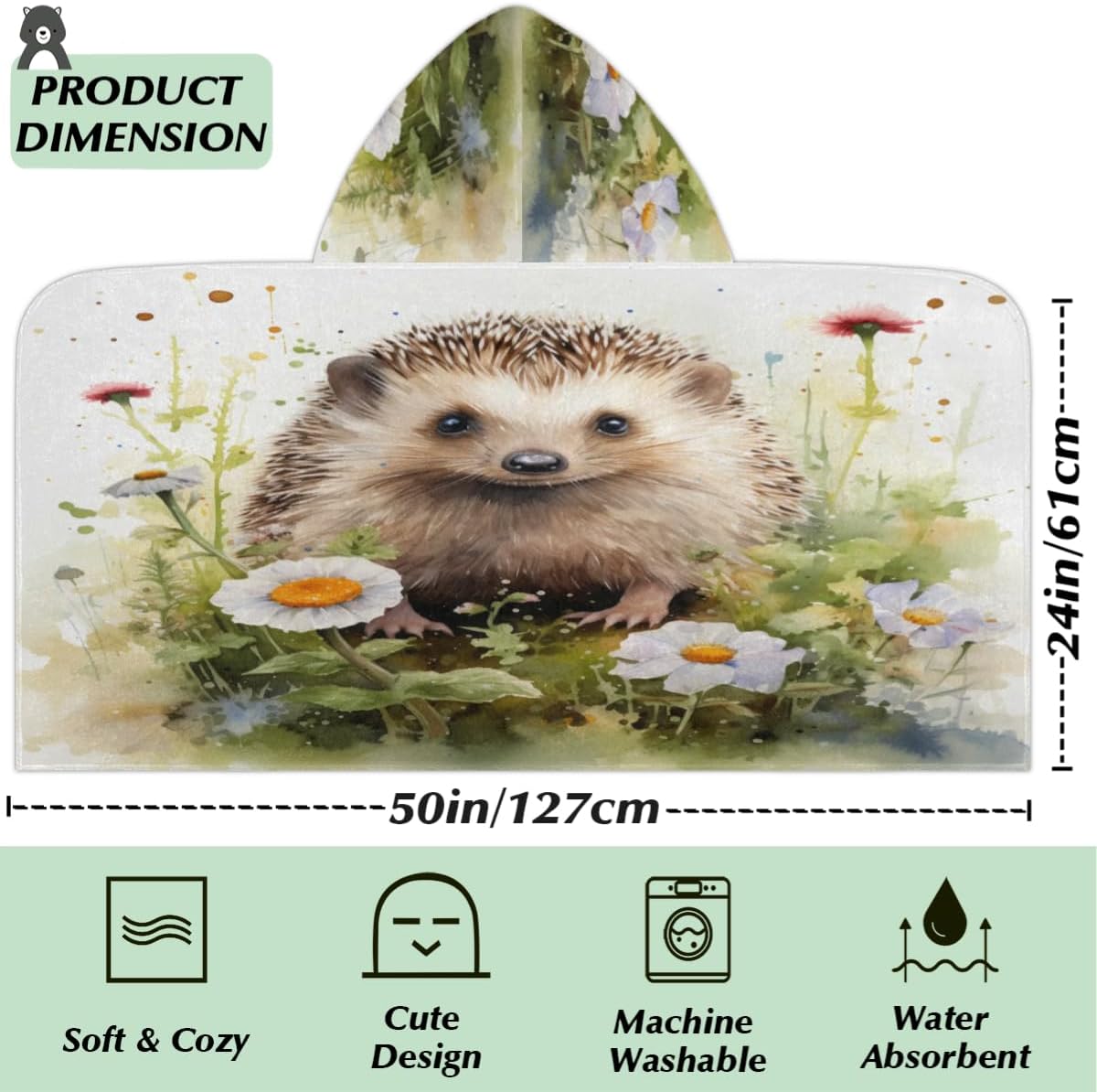 Pardick Kids Bath Towel Hedgehog Animal Daisy Beach Towel with Hood Pool Cover Up for Girls Boys Soft Absorbent Hooded Bath Towel Toddler Towels for Beach, Pool