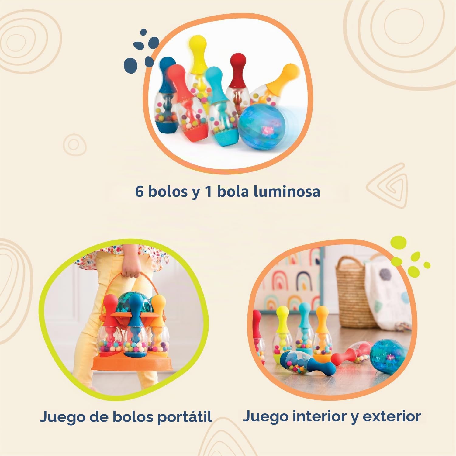 B. toys - Juguemos a los Bolos - Naranja - 6 Bolos y 1 Pelota Luminosa - Juego de Interior y Exterior - Juego para niños pequeños - 2 años +