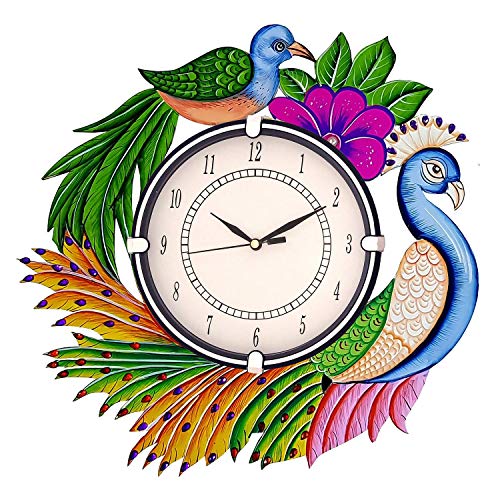 Image of Wooden Peacock Design Wall Clock Round Quartz Analog Decorative Antique Wall Clock for Home & Office Decor
