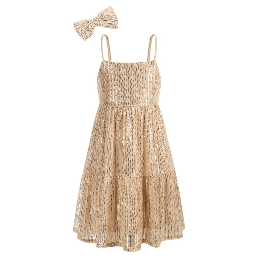 GRACE KARINKids Girls Sequined Strappy Spaghetti A-Line Sleeveless Dress with Hair Bow 6-12 Years