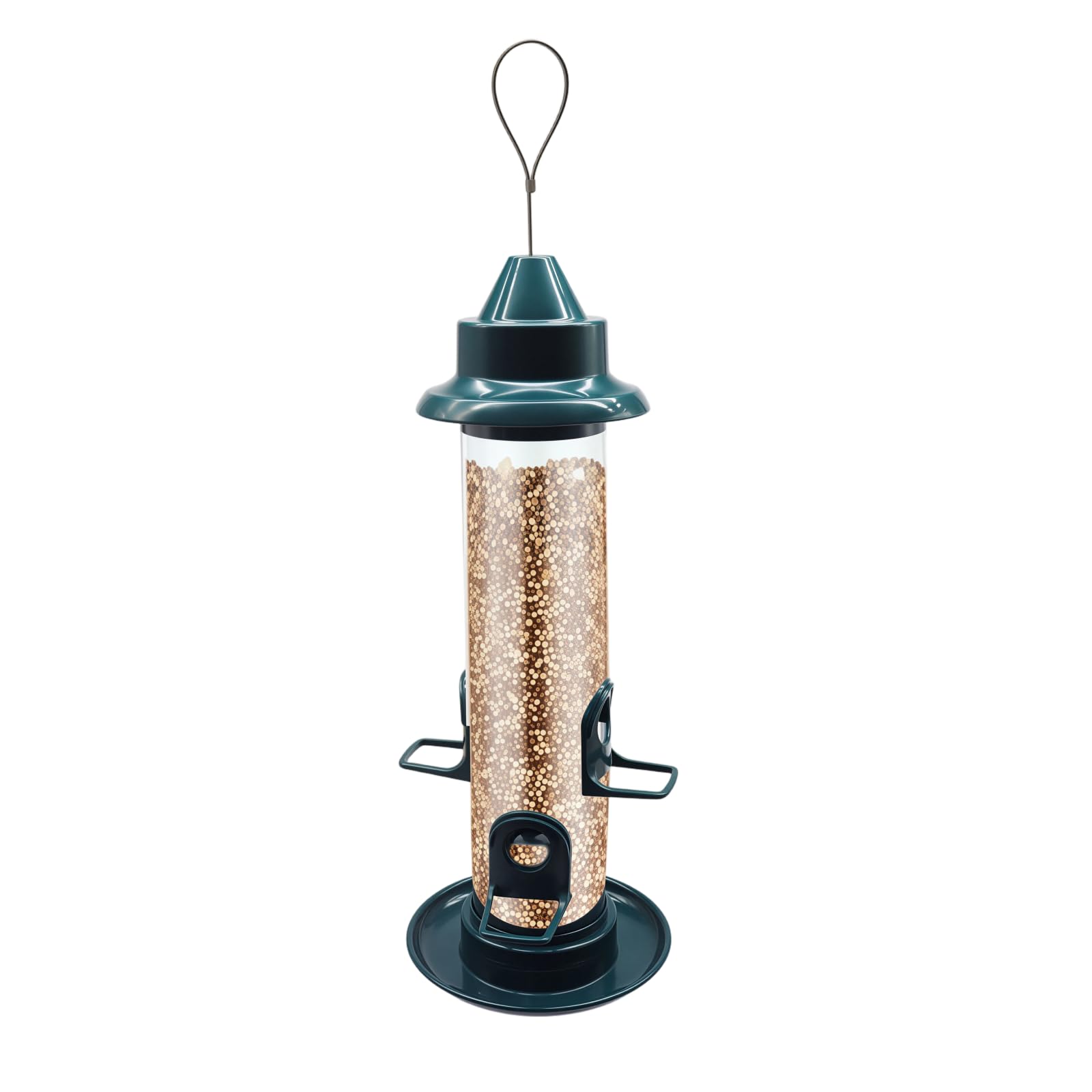 Dozownik karmy dla ptaków do zawieszenia, 33 x 13 cm, ciemnozielony cylinder dla dzikich ptaków, łatwy do napełnienia, z wieloma otworami na karmę, wykonany z tworzywa sztucznego