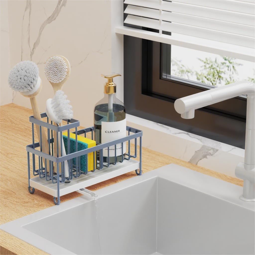 Cisily  Sponge Holder for Kitchen Sink, Sink Caddy Organizer with High Brush Holder, Kitchen Countertop Organizers and Storage Essentials, Rustproof 304 Stainless Steel, Soap Dispenser Organize: Slate Blue