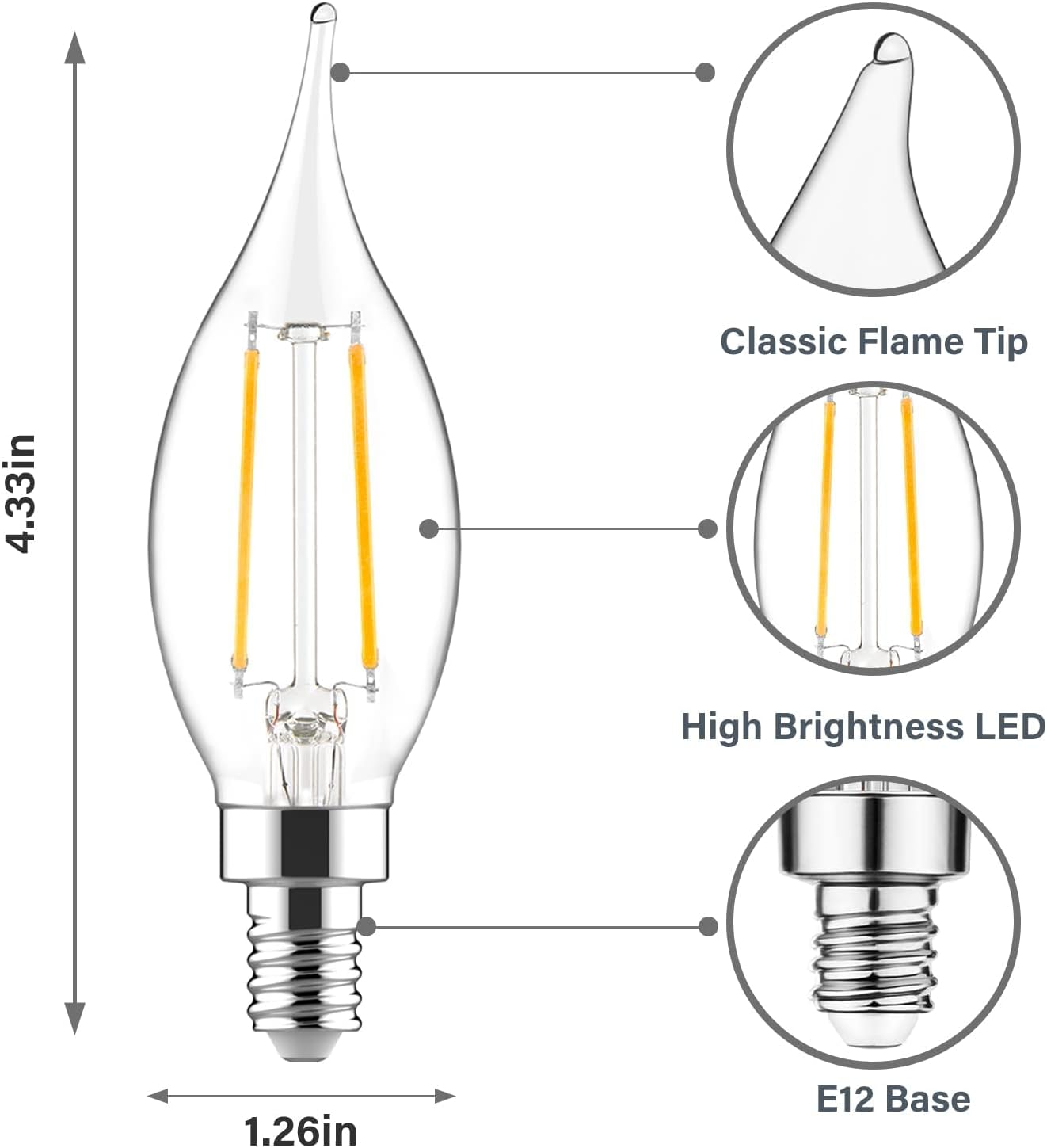 Sengled E12 LED Bulb Dimmable, Candelabra 60W Equivalent, CA10 Flame Tip Chandelier Light Bulbs, 5000K Daylight Candle for Chandeliers, Ceiling Fan, Pendant - 12 Pack