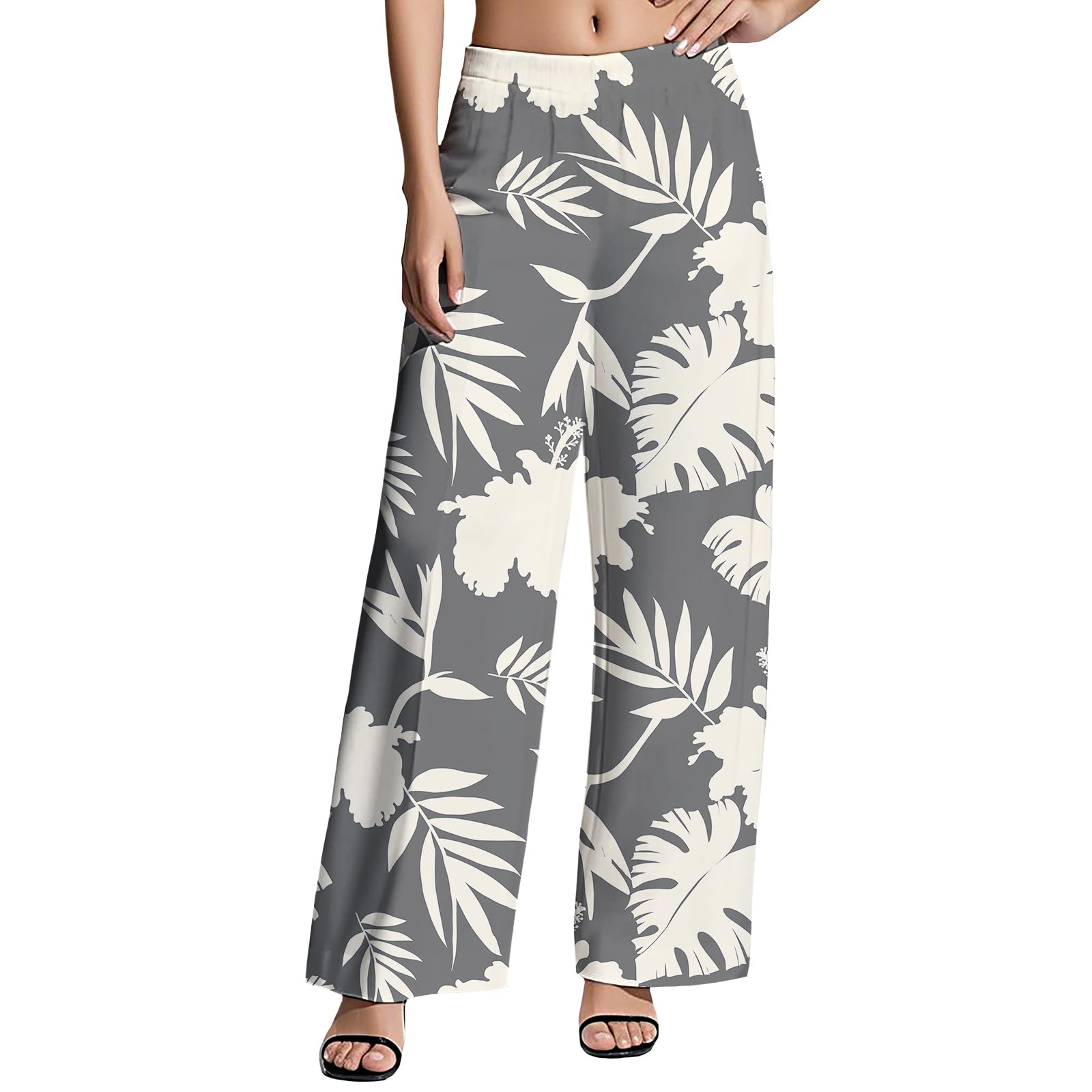 ZOCANIA Womens High Waist Pants Hawaii Print Flower Summer Vacation Casual Daily Baggy Elastic Waist Palazzo Trousers