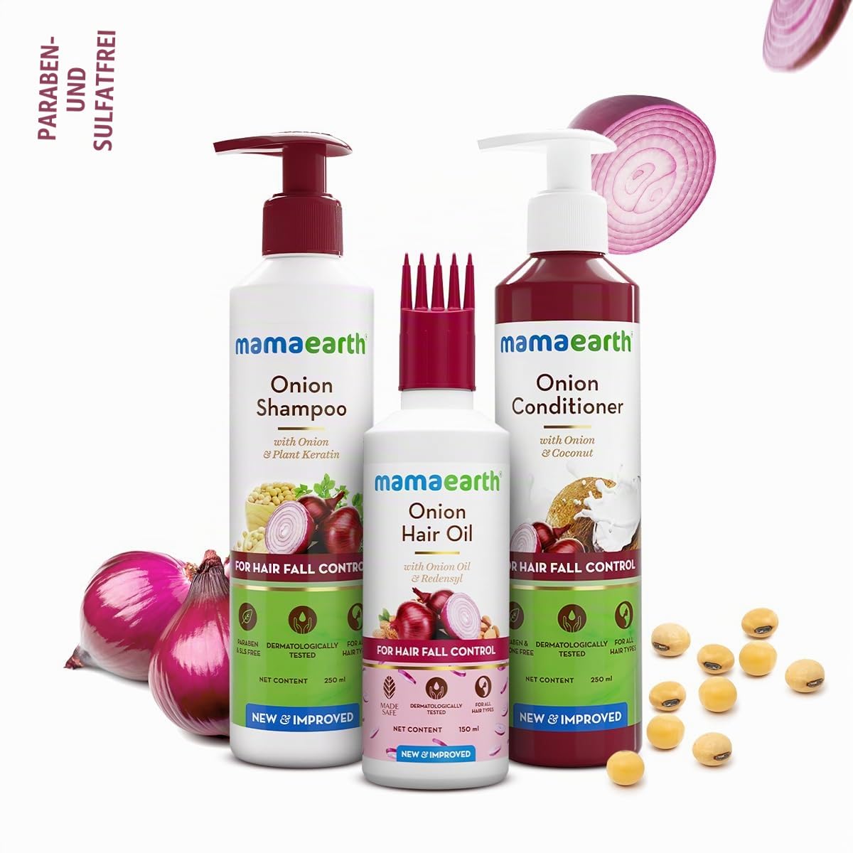 Mamaearth Anti Hair Fall Spa Range: Onion Shampoo 250ml + Onion Conditioner 250ml + Onion Hair Oil 150ml 3 Count