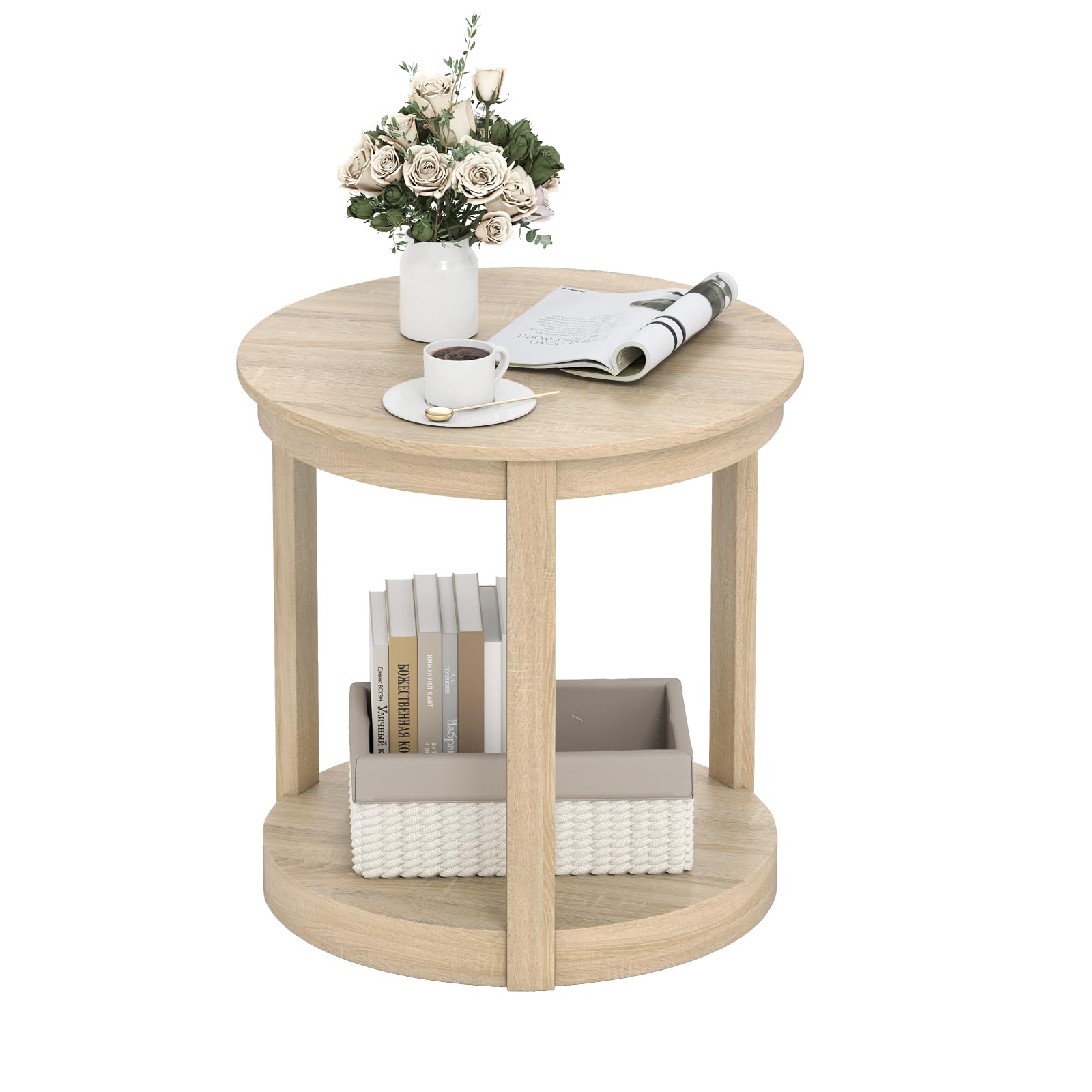 LIFEZEAL Kleiner Couchtisch, Wohnzimmertisch Holz mit 2 Ebenen für Wohnung, Runder Beistelltisch mit Ablagefach, Kaffeetisch Telefontisch für Wohnzimmer (Eiche)