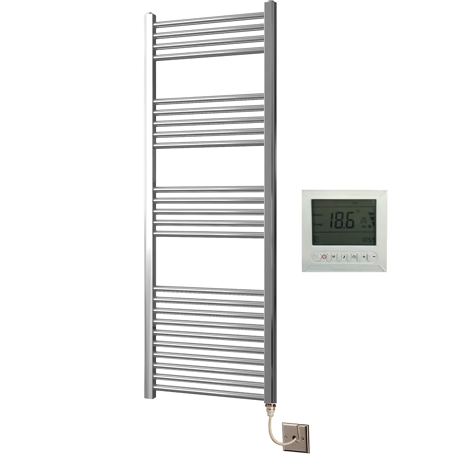 Greened House Electric Chrome 600W x 1400H Flat Towel Rail + Timer and Room Thermostat New Bathroom Towel Rail Radiator