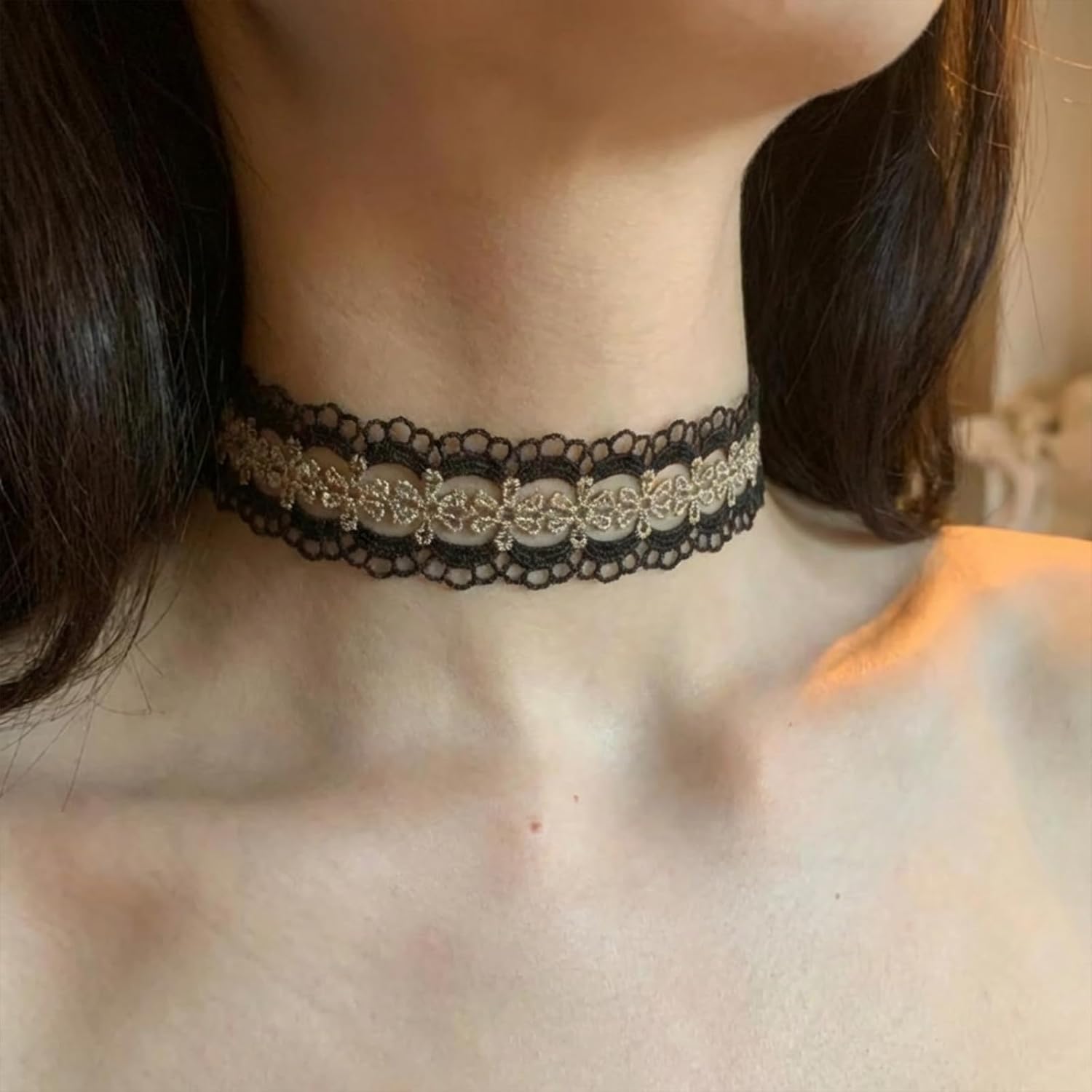 Golden Pearl Lace Choker Necklace for Women, Vintage Hollow Flower Adjustable Necklace, Classic Boho Medieval Renaissance Jewelry Gifts - Image 2