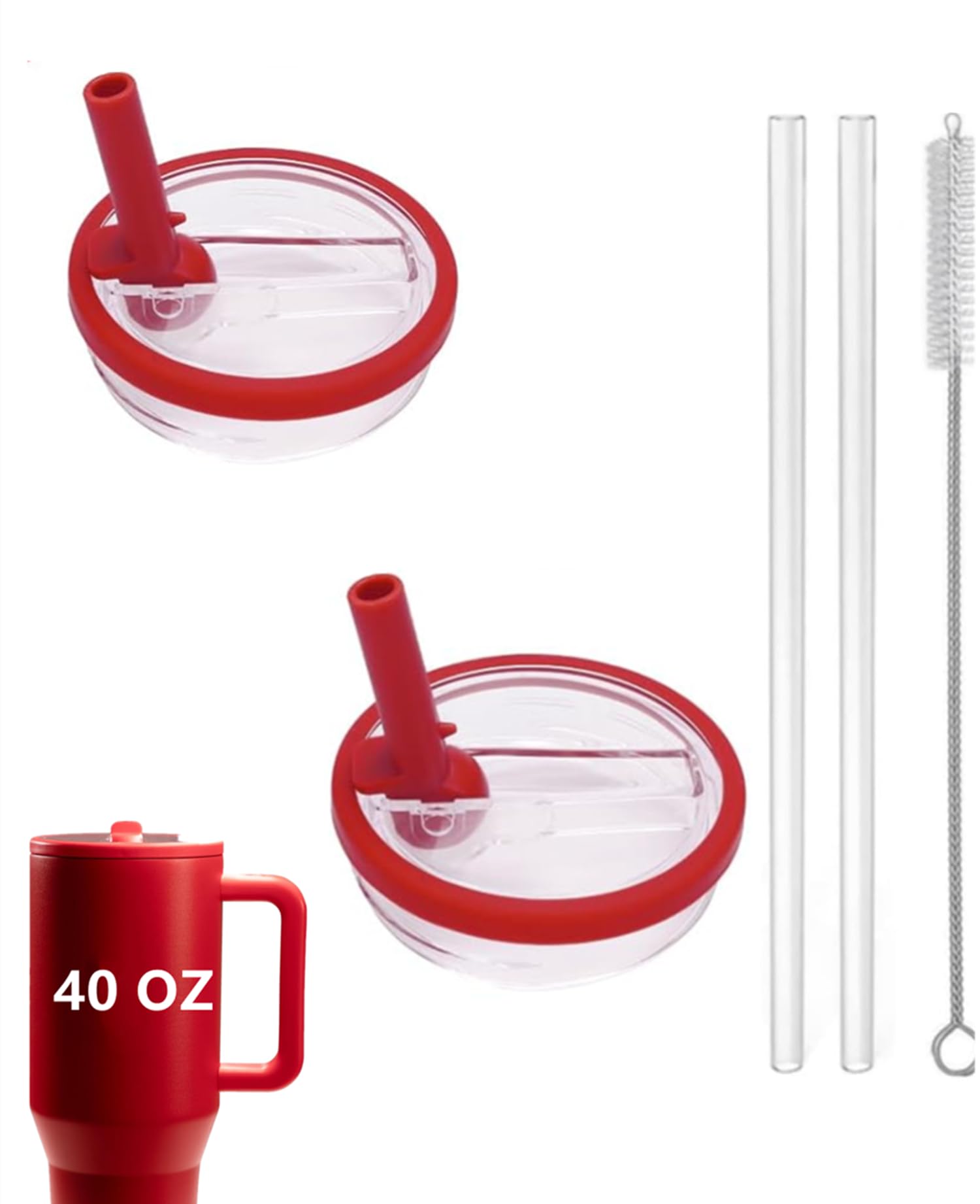 View 1 of 2 Pack 40 oz Tumbler Flip Straw Lid Replacement fit for HydroJug, Spill Proof Splash Resistant Tumbler Lids,Reusable Leak Proof Tumbler Cover for Cup Accessories (Red)