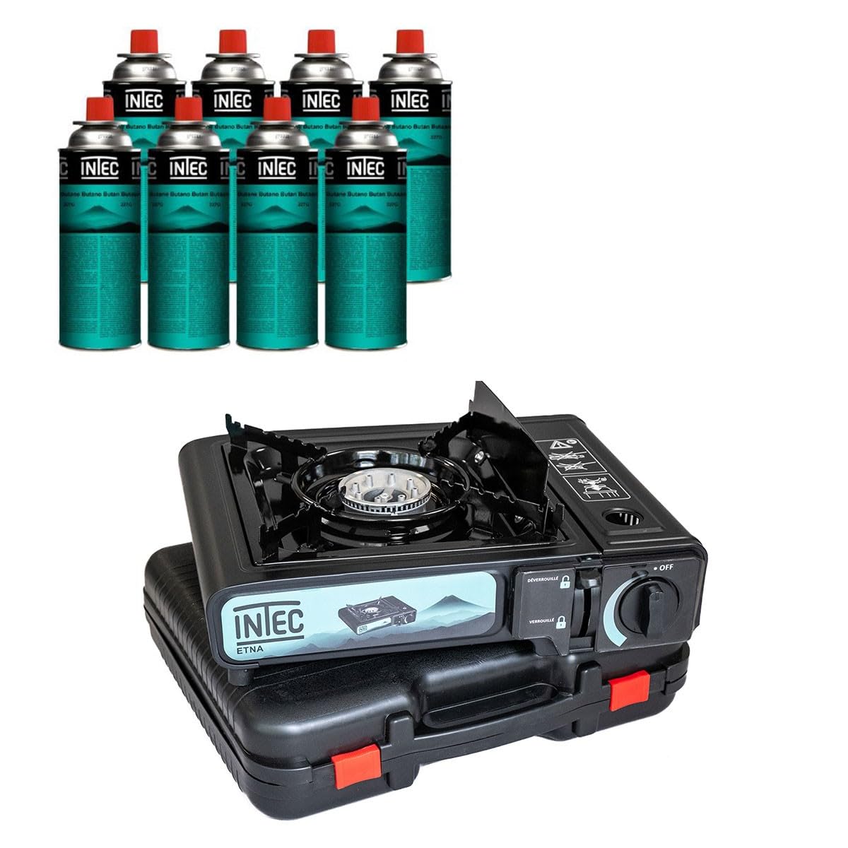INTEC - Fornello a gas portatile 2200 W + 8 cartucce gas butano Camping Road Trips Piezo Valigetta Etna