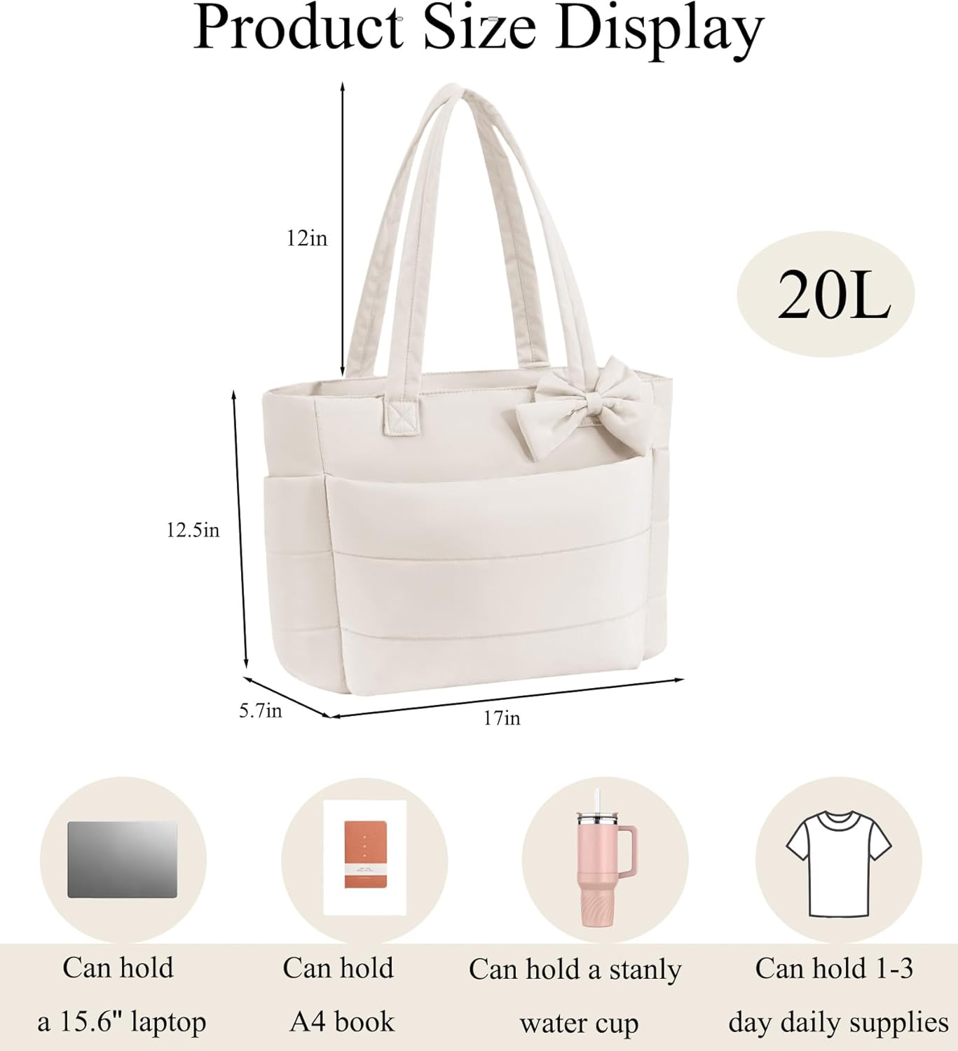 Puffer Tote Bag for Women, Quilted Bow Tote Bag with Cup Holder & 15.6 In Laptop Compartment for Work, Travel, Gym, College - Image 3