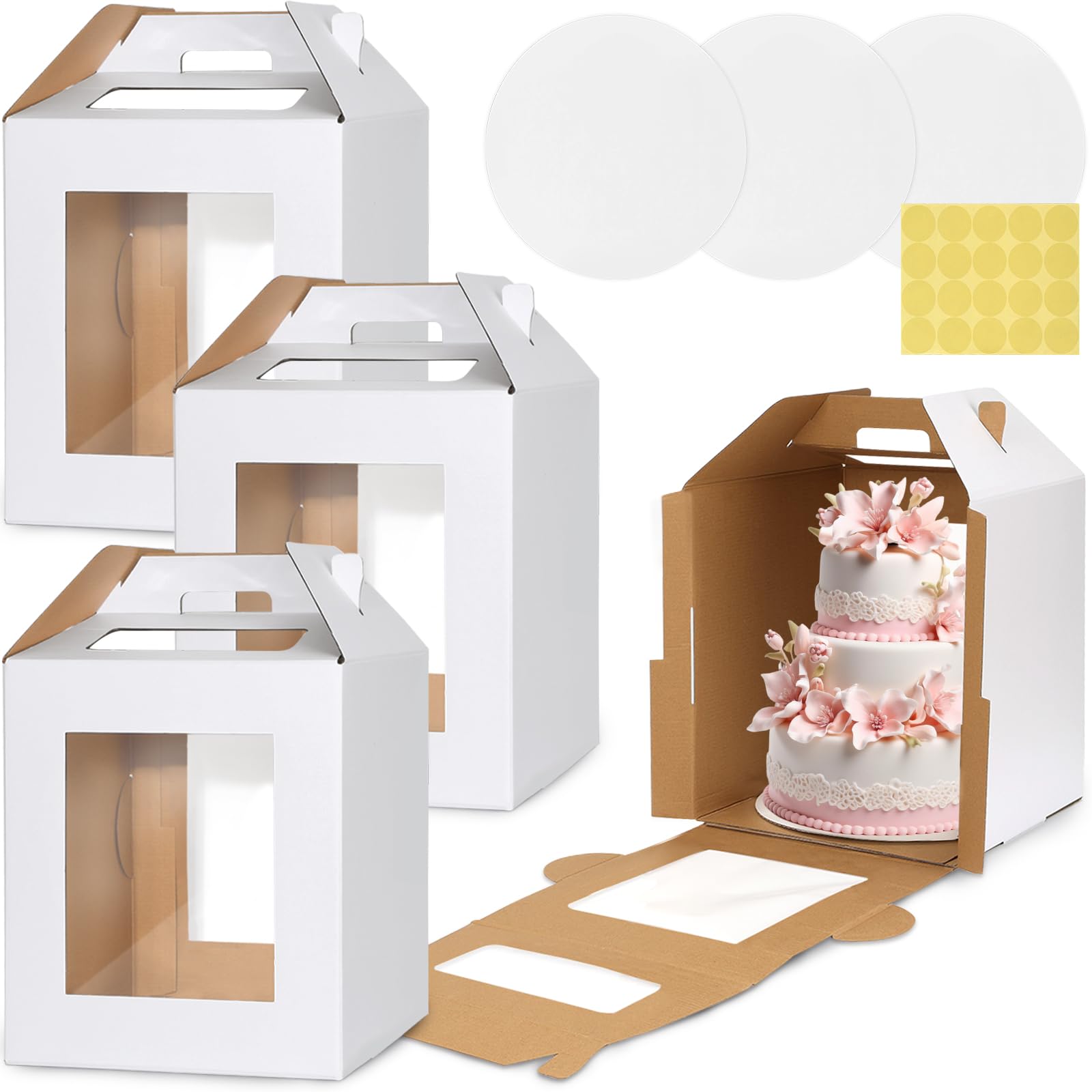 3 Pack Tall Cake Box for Tier Cake with Cake Board, 12 x 12 x 14 Inch Large Tiered Cake Carriers with Clear Windows & Handle, Disposable Bakery Take Out Transport Container for Birthday Wedding Party