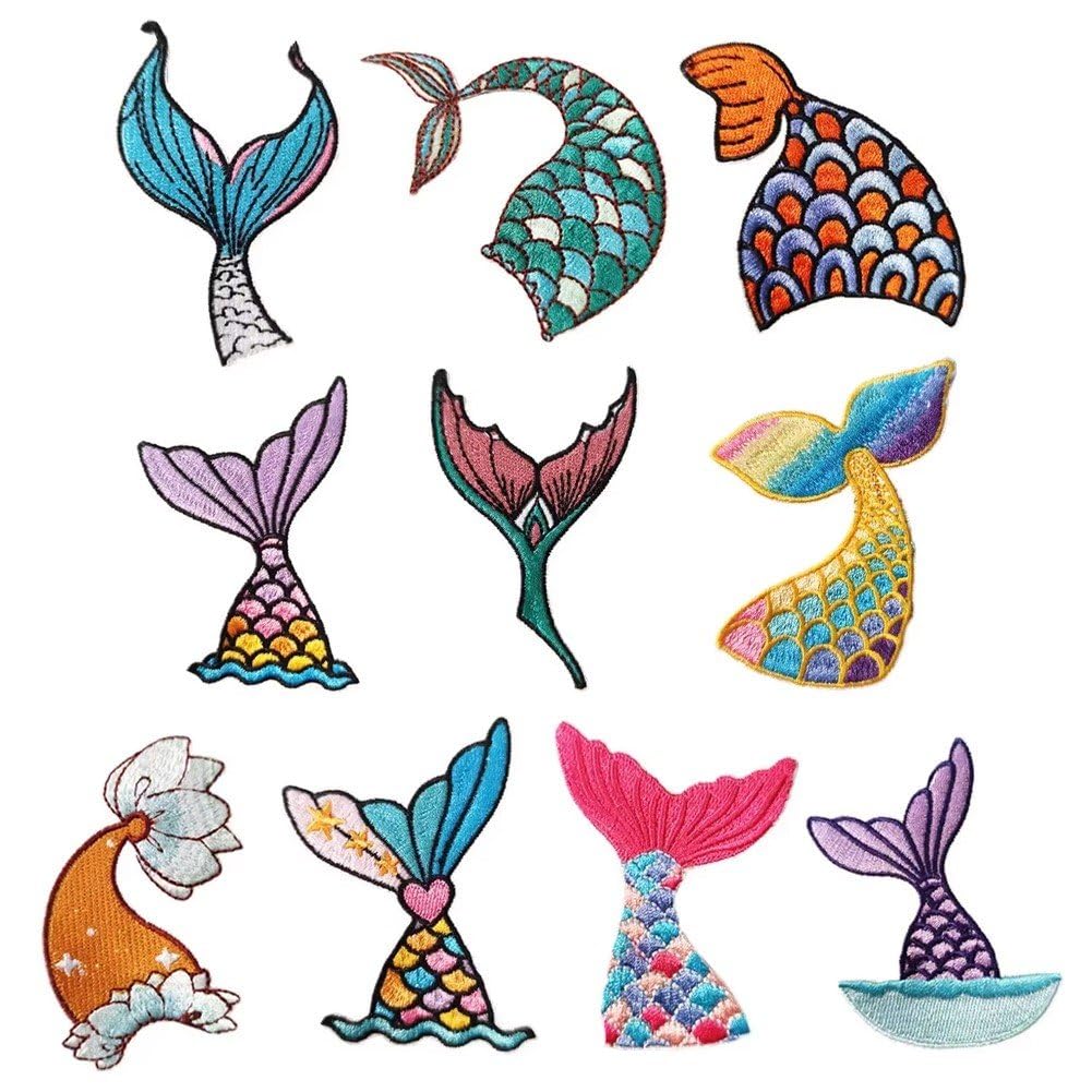 Baokuan 10pcs Iron on Patches Decals Self-adhesive Cloth Sticker Color Mermaid Tail Embroidery Sticker Cartoon Marine Life Patch Sticker Badge Down Patch Children's Clothing Decoration