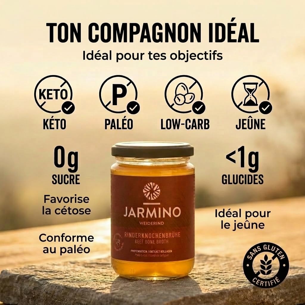 Bone broth soupe (6x 350ml) | bouillon d'os de boeuf | JARMINO | acide hyaluronique, collagène et protéine naturelle | bio