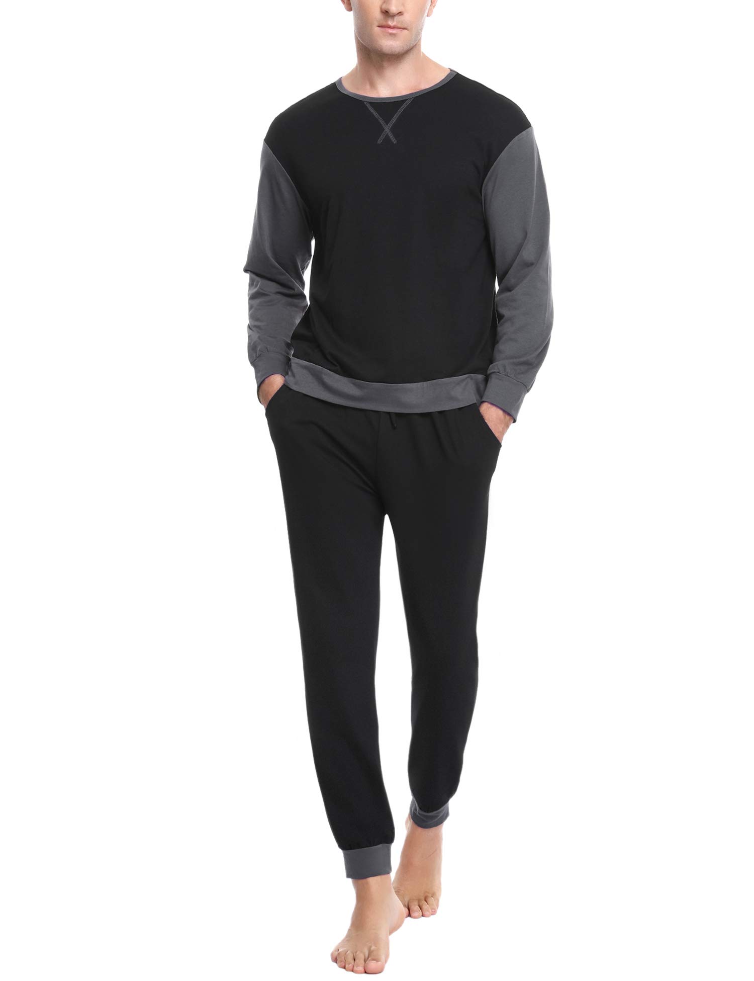 Sykooria Herren Schlafanzug lang mit Bündchen aus Baumwolle Zweiteiliger Pyjama Herren lang, Langarm Shirt & Schlafanzughose