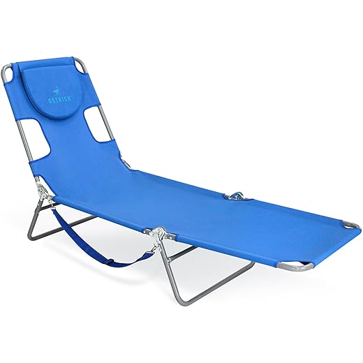 Ostrich Beach Lounge Chair, Folding & Reclining Outdoor Chaise Lounger, Blue - Portable Adjustable Recliner Chair for Lawn, Pool, Patio, Garden, and Yard