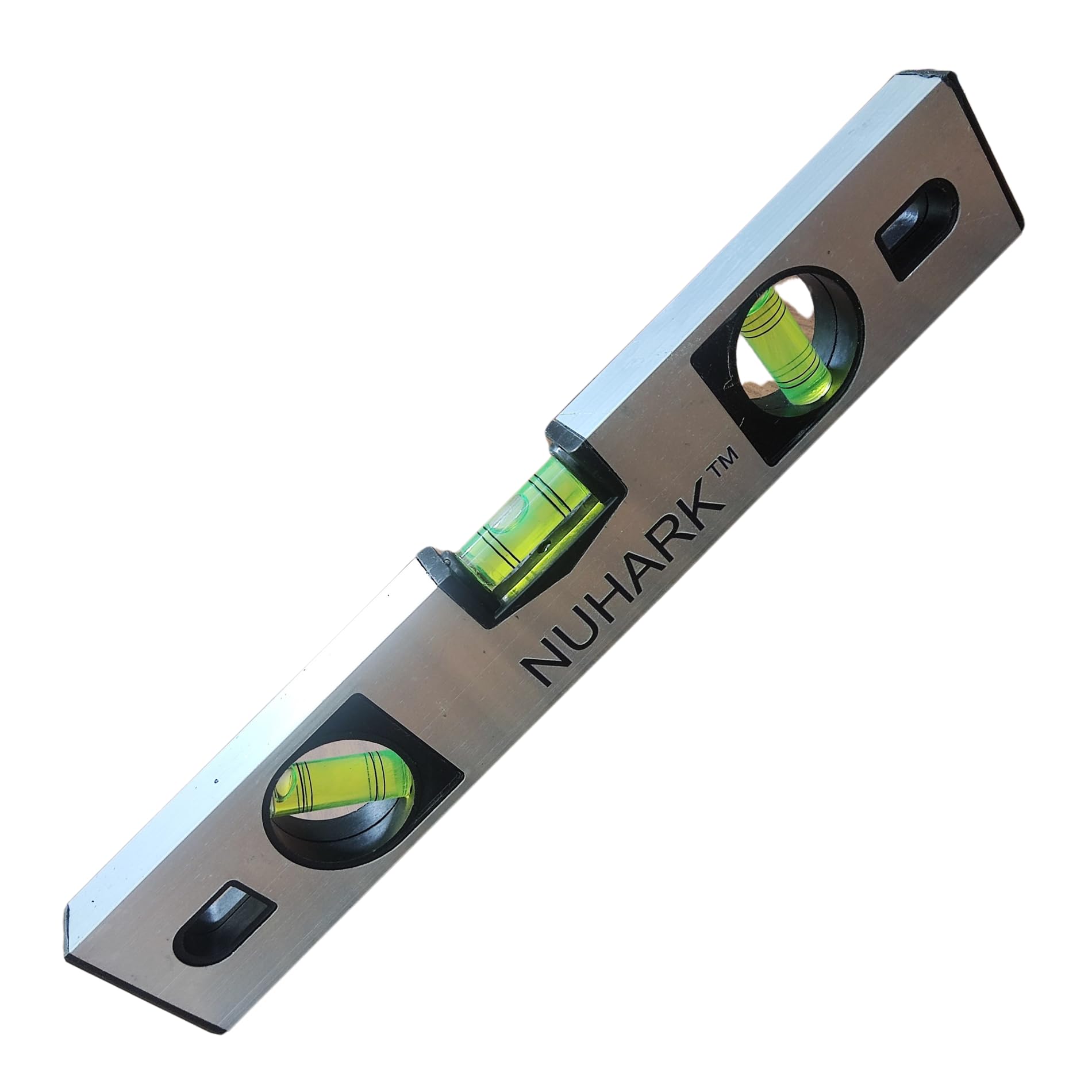 Nuhark 12-inch magnetic spirit level with silver aluminum body, precision-engineered vials, and strong magnetic base for accurate horizontal and vertical alignment in carpentry and construction