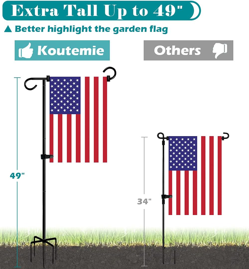 Koutemie 49 Inch Extra Tall Garden Flag Stand Holder Pole with 5 Prong Bases for 12 x 18 Outside Fall Yard Flags Décor, Matte Black & 2 Packs
