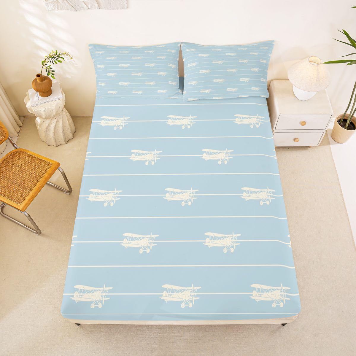 Feelyou Aircraft Bed Sheets Set Full Size Airplane Print Bed Set Aircraft Flying Deep Pocket Fitted Sheet Helicopter Flying Plane Breathable Soft Lightweight Microfiber Travel Decor