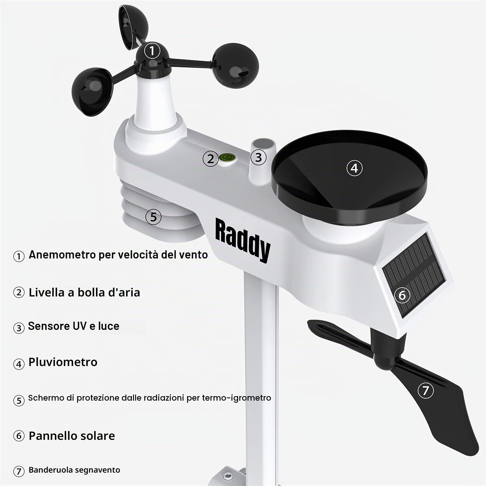 Raddy WF-100C Stazione meteo professionale senza fili con sensori umidità e pluviometro