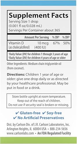 Miniatura 3 de Carlson - Super Daily D3 para niños, gotas de vitamina D para niños, 400 UI (10 mcg) por gota, salud cardíaca, apoyo inmunológico, vegetariano,