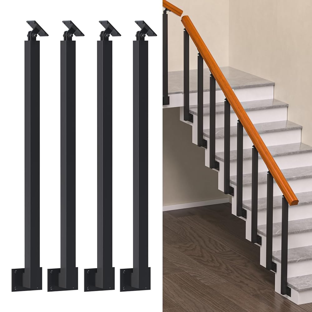 Lqsybhd 4 Pack Black Stair Balusters Post, Side Mount Square Metal Railing Spindles, Adjustable 270° Angle Bracket Banister Column With Screws Kit,For Deck/Balcony/Stair/Deco(Size:95cm/37.4Inch,Color:4 Pack)