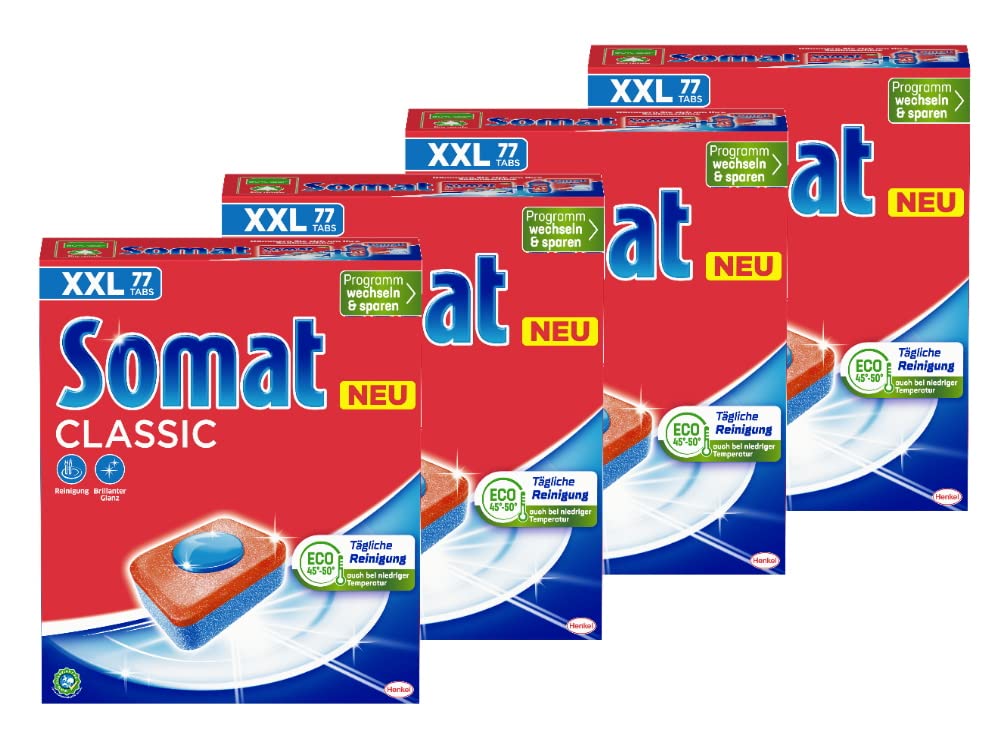 Somat Classic Spülmaschinen Tabs (4x77 Tabs), Geschirrspül Tabs für eine kraftvolle Reinigung, Spültabs hinterlassen strahlend sauberes Geschirr sogar bei niedrigen Temperaturen, 308.0 stück